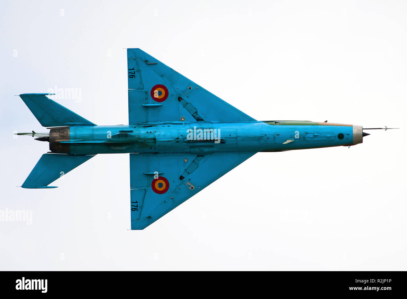 Unterwagen eines rumänischen Luftwaffe Mikoyan-Gurevich MiG-21. Stockfoto