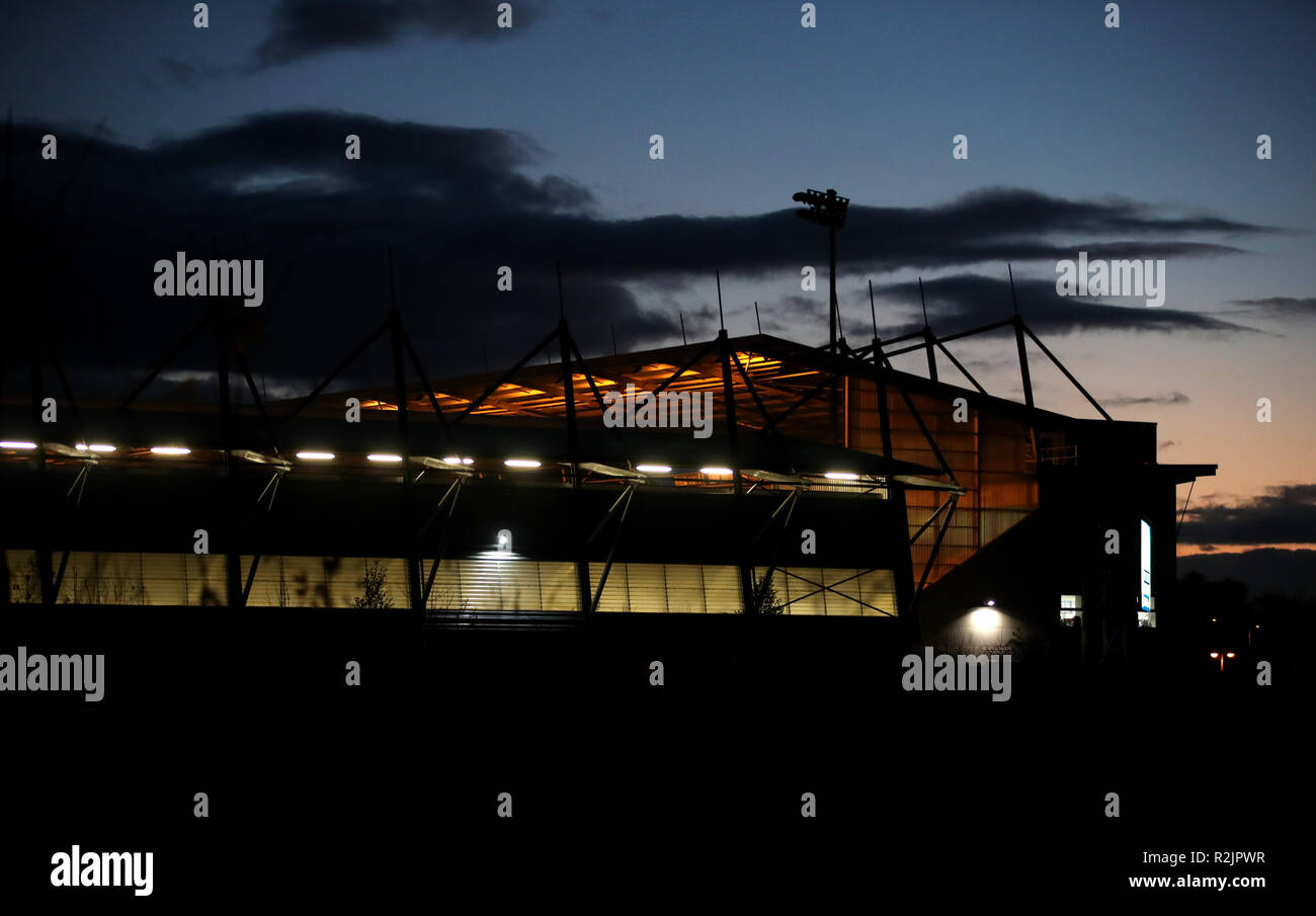 Ein Überblick über das JobServe Community Stadium vor dem internationalen Spiel im JobServe Community Stadium, Colchester. DRÜCKEN SIE VERBANDSFOTO. Bilddatum: Montag, 19. November 2018. Siehe PA Story SOCCER England U20. Bildnachweis sollte lauten: Tim Goode/PA Wire. Stockfoto