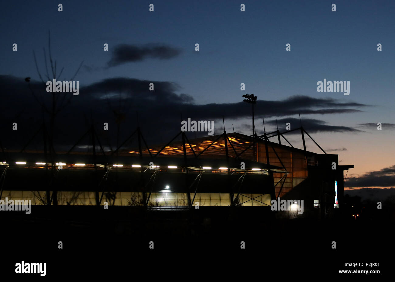 Eine allgemeine Ansicht der JobServe Gemeinschaft Stadion vor dem Länderspiel am JobServe Gemeinschaft Stadium, Colchester. Stockfoto