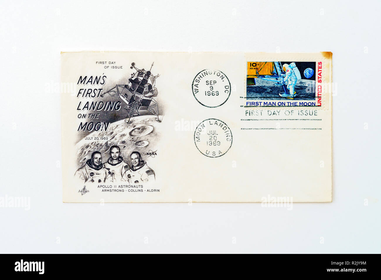 1969 Erste Mondlandung Briefmarke am ersten Tag des Gewebes Umschlag Stockfoto