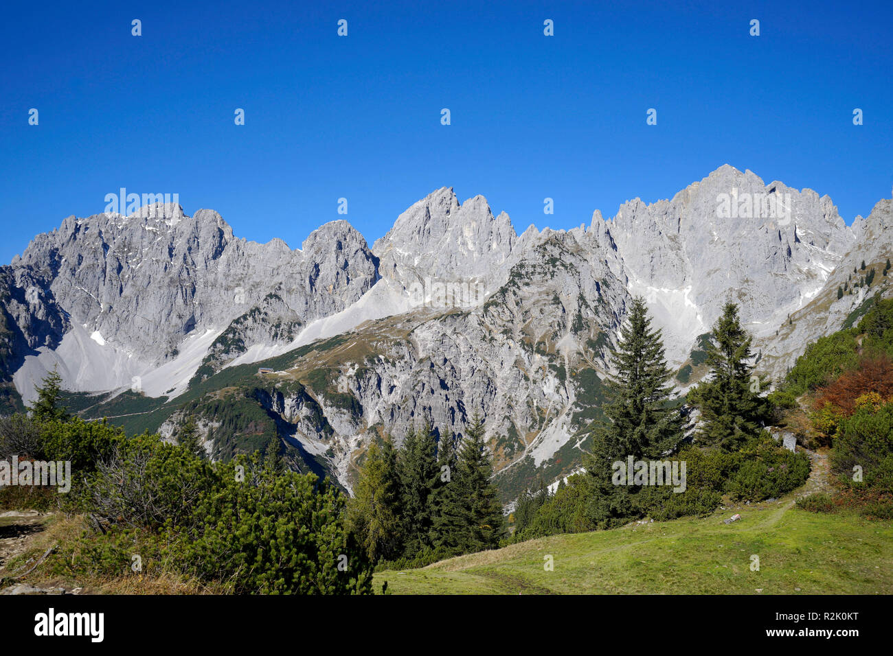 Österreich, Tirol, Wilder Kaiser, Treffauer, Ellmauer Halt, Karlspitze, Landschaft Stockfoto