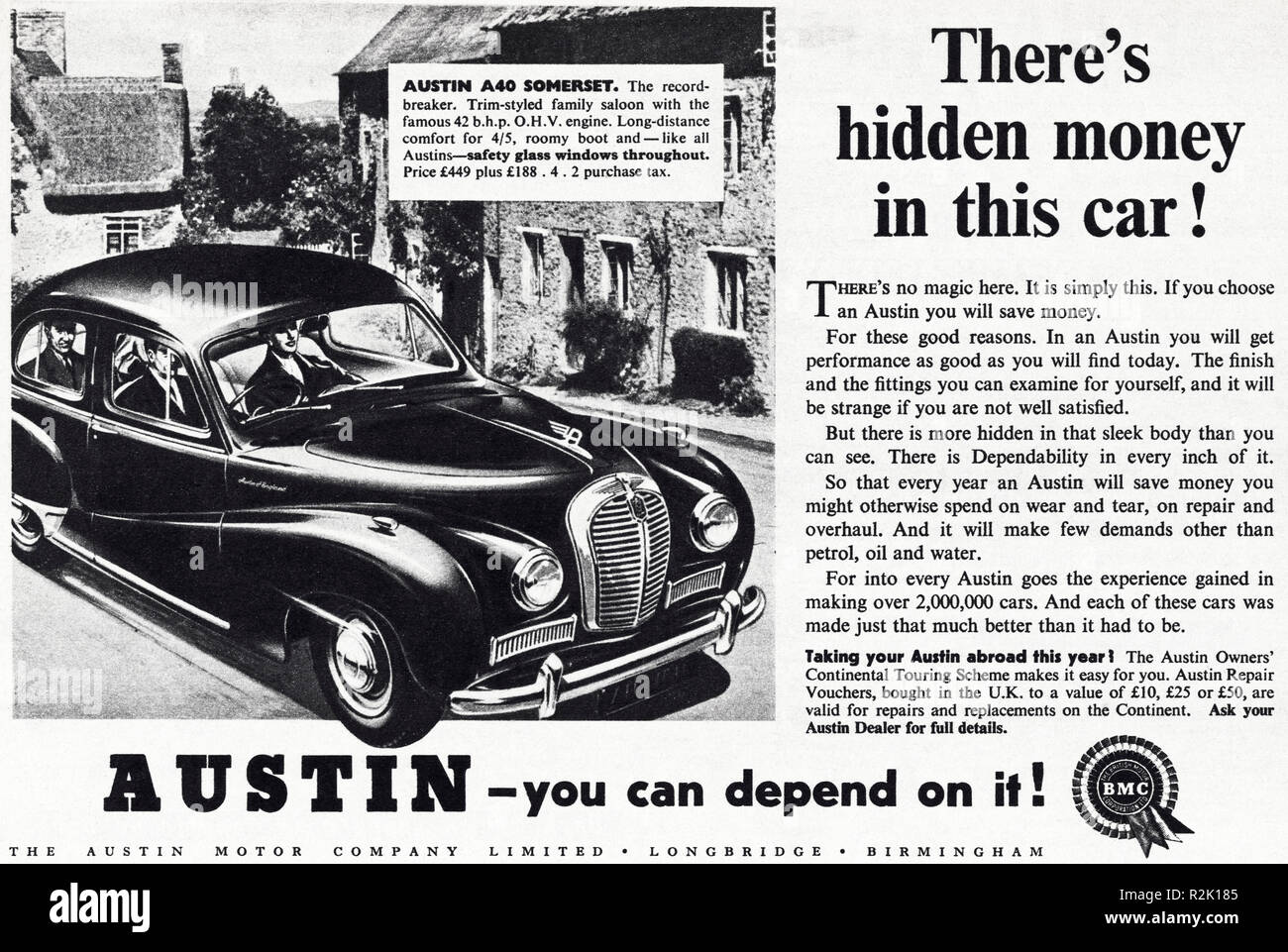 Original 50s Vintage alte drucken Werbung aus dem Englischen Magazin Werbung Austin A 40 Somerset ca. 1954 Stockfoto