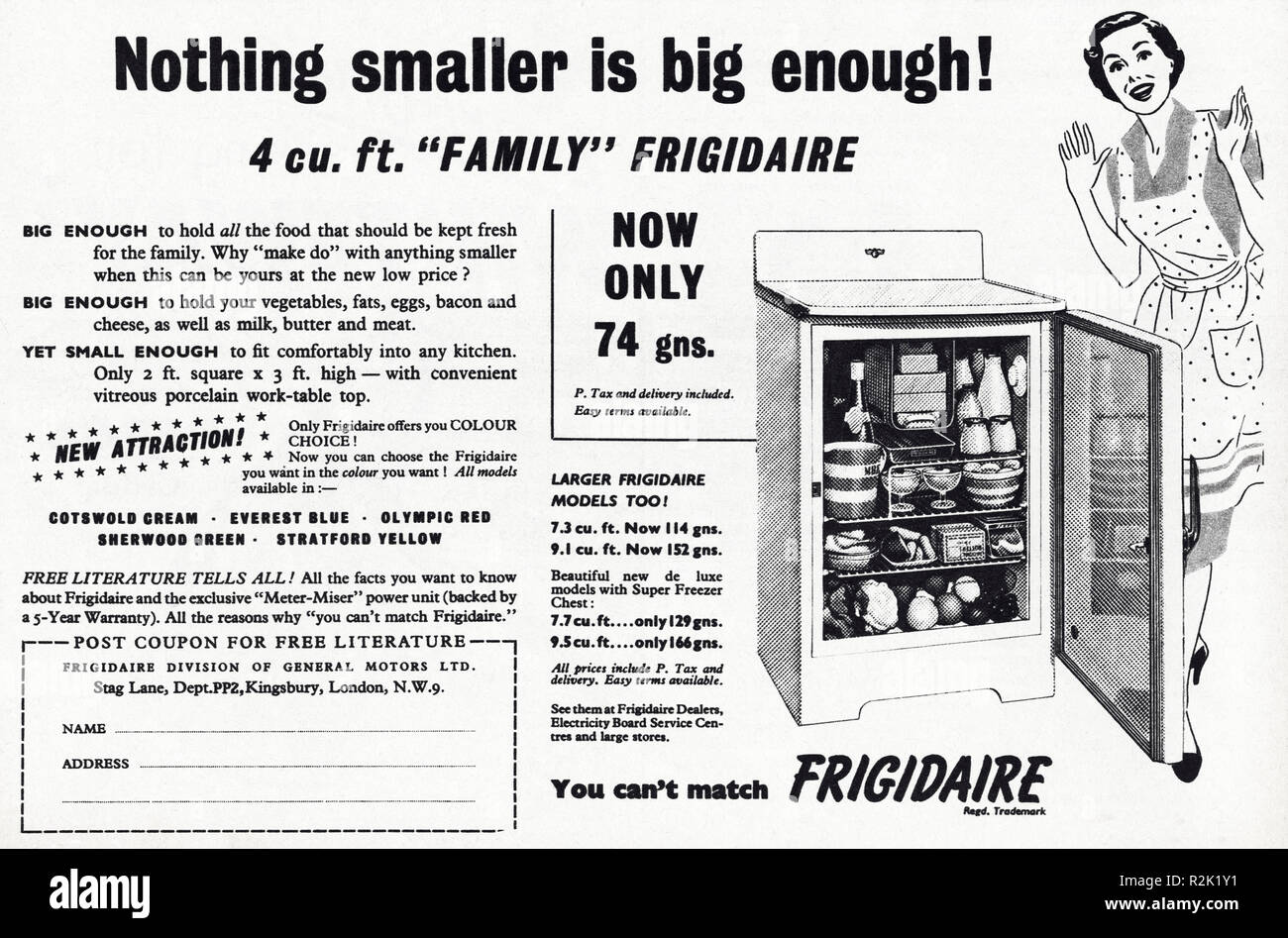 Original 50s Vintage alte drucken Werbung aus dem Englischen Magazin Werbung Frigidaire Kühlschrank ca. 1954 Stockfoto