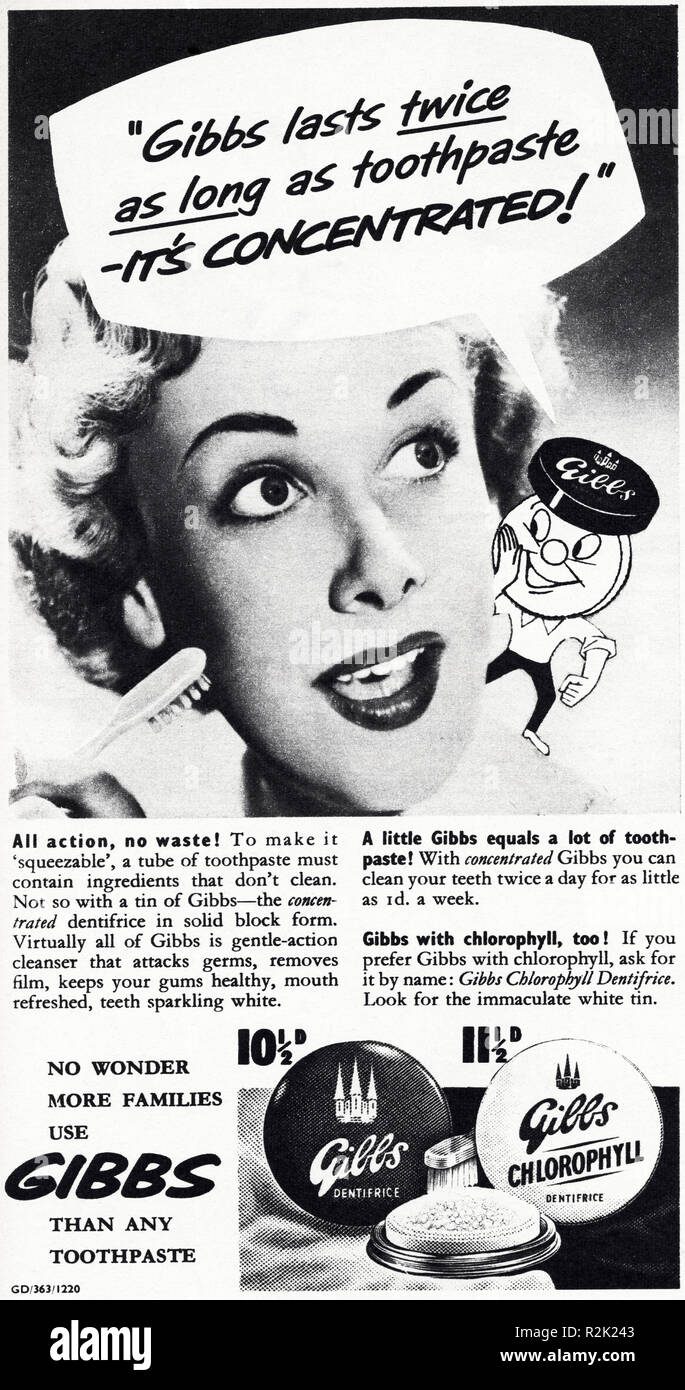 Original 50s Vintage alte drucken Werbung aus dem Englischen Magazin Werbung Gibbs Zahnpasta ca. 1954 Stockfoto