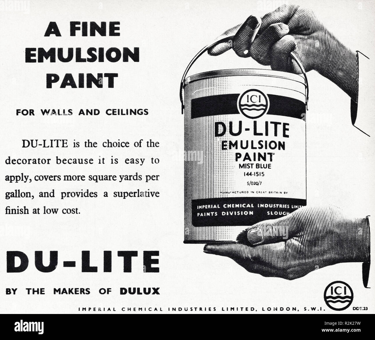 Original 50s Vintage alte drucken Werbung aus dem Englischen Magazin Werbung ICI Du-Lite Dispersionsfarbe ca. 1954 Stockfoto