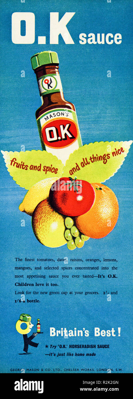 1950 s Werbung. Original 50s Vintage alte drucken Werbung aus dem Englischen Magazin Werbung Maurer OK braune Soße ca. 1954 Stockfoto