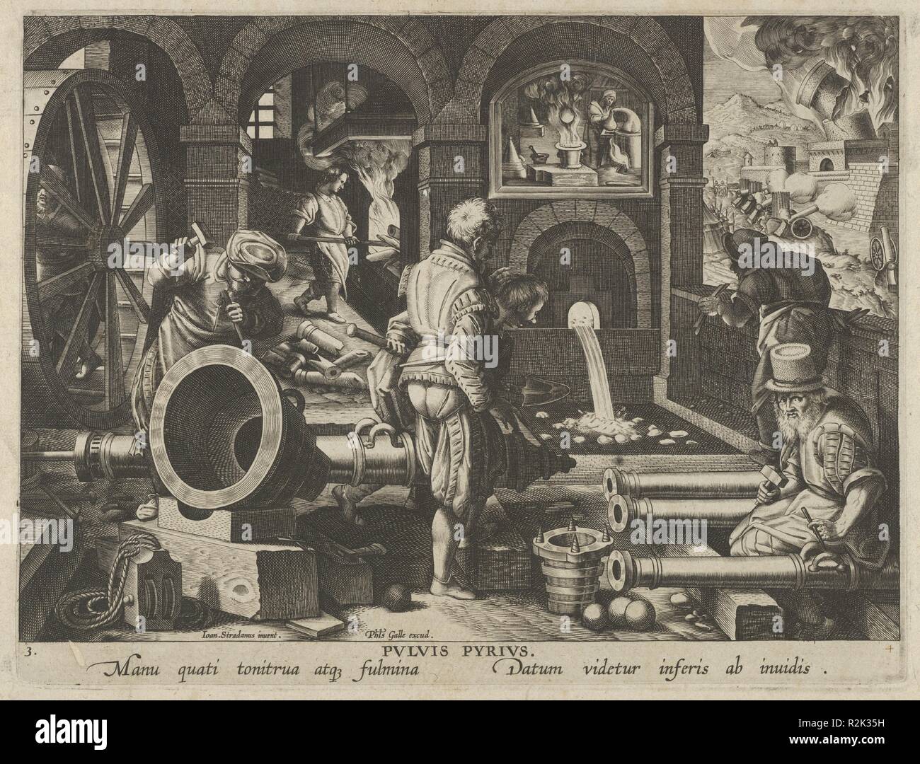 Neue Erfindungen der Neuzeit [Nova Reperta], die Erfindung des Schießpulvers, Platte 3. Artist: Jan collaert I (Niederländischen, Antwerpen Ca. 1530-1581 Antwerpen); Nach Jan van der Straet, genannt Stradanus (Niederländischen, Brügge 1523-1605 Florenz). Maße: Blatt: 10 5/8 x 7 7/8 in. (27 x 20 cm). Herausgeber: Philips Galle (Niederländischen, Haarlem 1537-1612 Antwerpen). Datum: Ca. 1600. Dritten Platte aus einer Serie drucken berechtigt Nova Reperta (neue Erfindungen der Neuzeit), bestehend aus einem Titelblatt und 19 Platten, gestochen von Jan collaert I, nachdem Jan van der Straet, genannt Stradanus, und durch Ph veröffentlicht. Stockfoto