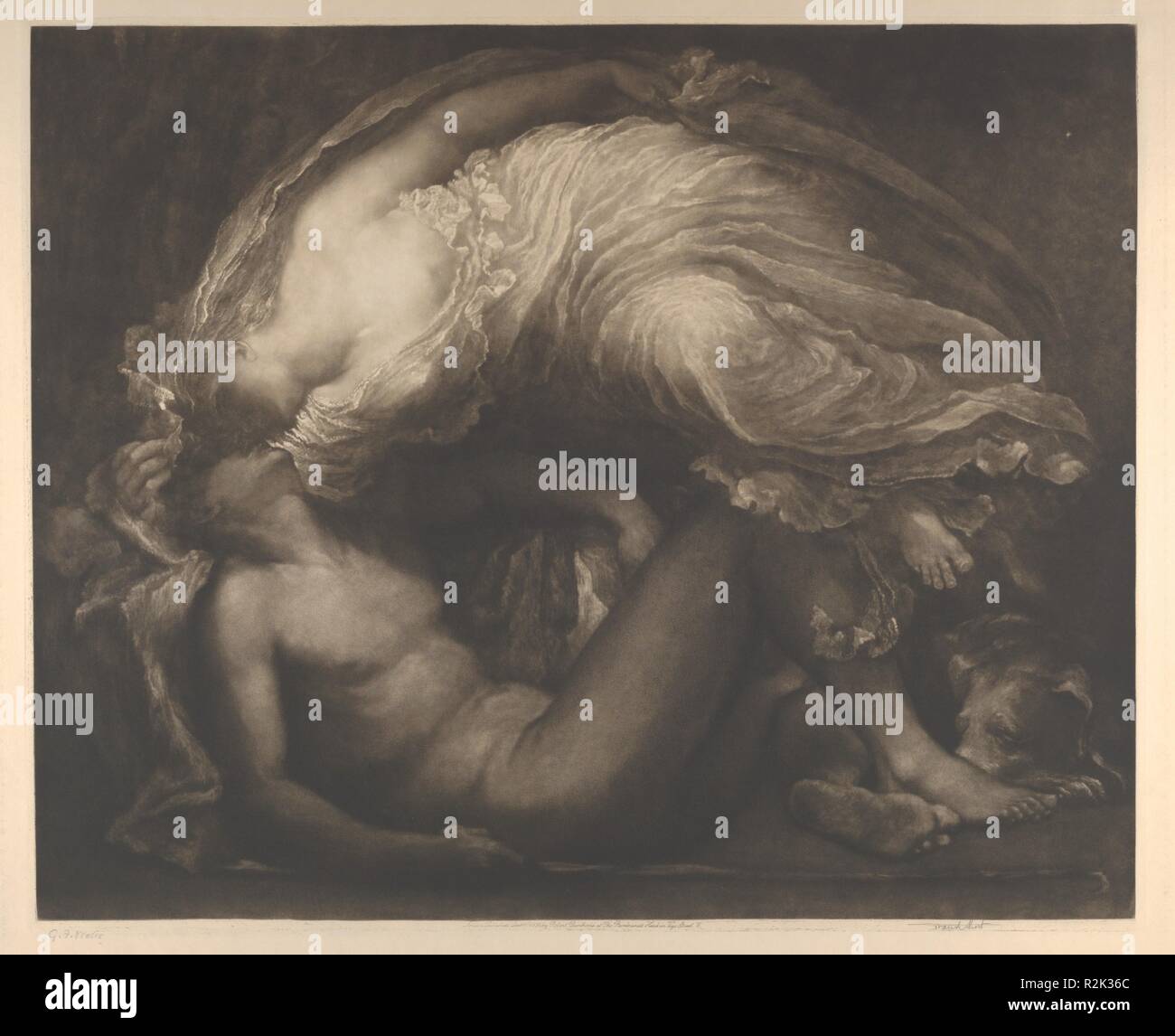 Diana und Endymion. Artist: Nach George Frederic Watts (British, London 1817-1904 London). Abmessungen: Platte: 18×22 3/16 in. (45,7 × 56,3 cm) Blatt: 21 1/8 x 25 1/8 in. (53,7 × 63,8 cm). Plasmaätzer: Sir Frank Kurz (Briten, Stourbridge, West Midlands 1857-1945 Ditchling, East Sussex). Herausgeber: Robert Dunthorne (Briten, geboren Ca. 1851). Datum: Dezember 1, 1891. Trotz ihrer Keuschheit geschworen, die Mondgöttin Diana verliebte sich in die schöne Hirten Endymion und beobachtete ihn während er schlief. Diese schabkunst zeigt das Paar küssen und ist auf einem Gemälde von Watt 1869 (private Col Stockfoto