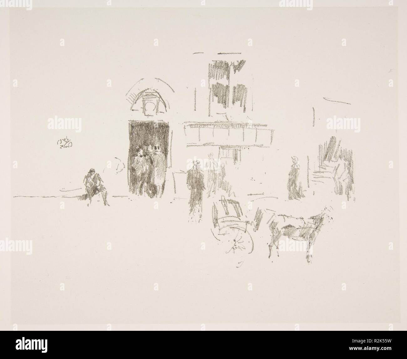 Fröhlichkeit Stage Door. Künstler: James McNeill Whistler (Amerikanische, Lowell, Massachusetts 1834-1903 London). Abmessungen: Bild: 4 13/16 x 7 11/16 in. (12,3 × 19,5 cm) Blatt: 13 1/2 x 19 1/16-in. (34,3 × 48,4 cm). Serie/Portfolio: Noten. Datum: 1879 und 1887. Museum: Metropolitan Museum of Art, New York, USA. Stockfoto