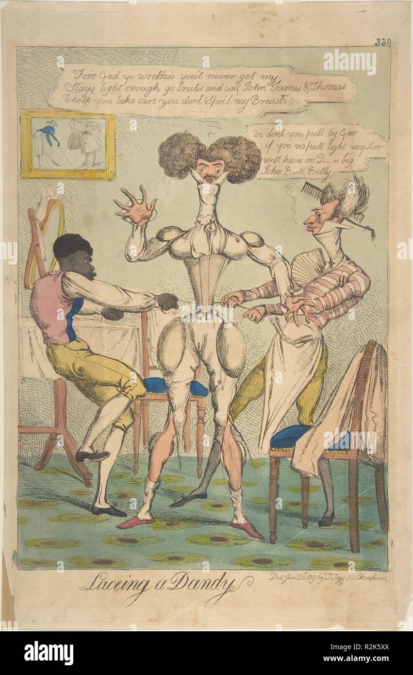 Laceing [sic] ein Dandy. Artist: Anonyme, Briten, 19. Abmessungen: Bild: 13 3/16 x 8 3/8 in. (33,5 x 21,3 cm) Blatt: 14 3/16 x 9 5/16 in. (36 x 23,6 cm). Herausgeber: Thomas Tegg (British, 1776-1846). Datum: 26 Januar, 1819. Dandys Hilfe brauchte die Silhouette, die zeitgenössische Mode um 1820 forderte zu erreichen. Eine Wespentaille war durch eng geschnürte bleibt geschaffen, während Polsterung breite Schultern und Hüften produziert. Dieser dandy beauftragt zwei Diener zu so hart wie Sie können auf seinem Korsett Fäden ziehen. Das kleid und Akzent der Mann an der rechten sowie den Kamm in seine Uhr klemmt Stockfoto