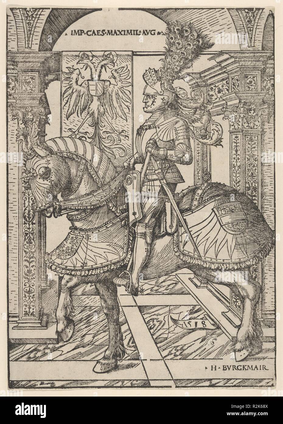 Kaiser Maximilian I. auf dem Pferd. Künstler: Hans Burgkmair (Deutsch, Augsburg 1473-1531 Augsburg). Maße: Blatt: 12 11/16 x 8 15/16 in. (32,3 × 22,7 cm). Datum: 1518. Museum: Metropolitan Museum of Art, New York, USA. Autor: Hans Burgkmair. Hans Burgkmair der Ältere. Stockfoto