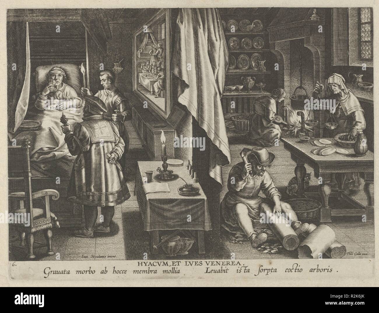 Neue Erfindungen der Neuzeit [Nova Reperta], die Entdeckung der Guaicum als Heilung für veneral Infektion, Platte 6. Artist: Jan collaert I (Niederländischen, Antwerpen Ca. 1530-1581 Antwerpen); Nach Jan van der Straet, genannt Stradanus (Niederländischen, Brügge 1523-1605 Florenz). Maße: Blatt: 10 5/8 x 7 7/8 in. (27 x 20 cm). Herausgeber: Philips Galle (Niederländischen, Haarlem 1537-1612 Antwerpen). Datum: Ca. 1600. 6. Platte aus einem Serie drucken berechtigt Nova Reperta (neue Erfindungen der Neuzeit), bestehend aus einem Titelblatt und 19 Platten, gestochen von Jan collaert I, nachdem Jan van der Straet, genannt Stockfoto