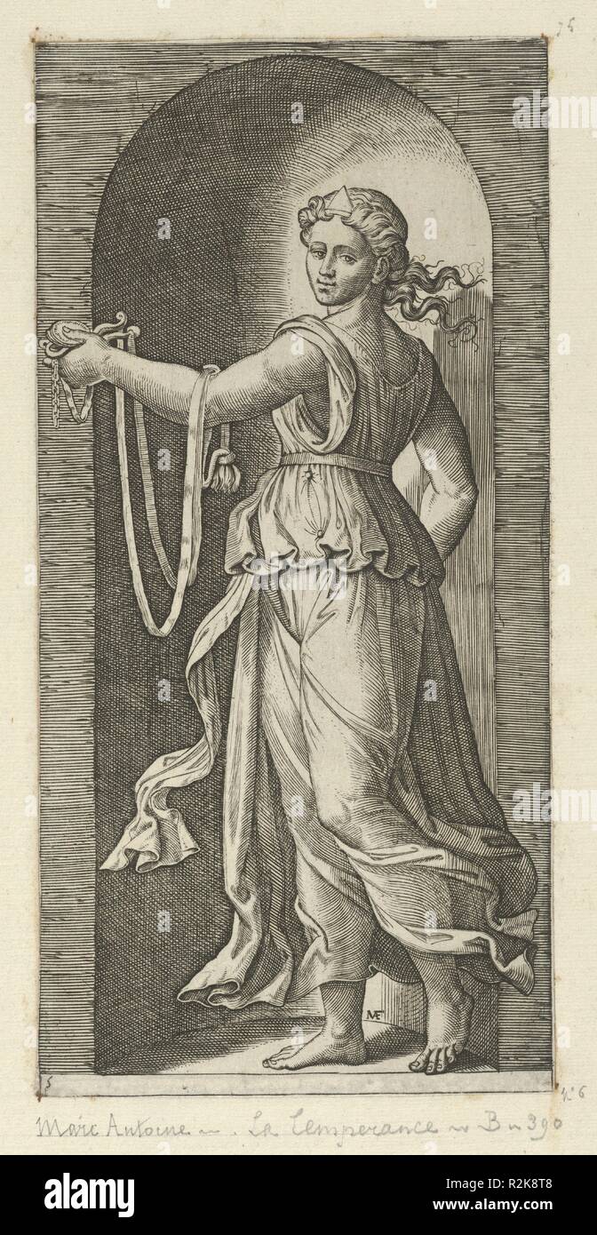 Temperance personfied durch eine Frau, die in einer Nische ein Bit, von "Tugenden". Artist: Marcantonio Raimondi (Italienisch, Argini (?) Ca. 1480 - vor 1534 Bologna (?)); Nach Raphael (Raffaello Sanzio oder Santi) (Italienisch, Urbino 1483-1520 Rom). Abmessungen: Platte: 8 5/8 x 4 1/4 in. (21,9 × 10,8 cm) Blatt: 16 1/16 × 10 13/16-in. (40,8 × 27,5 cm). Datum: Ca. 1515-25. Museum: Metropolitan Museum of Art, New York, USA. Stockfoto