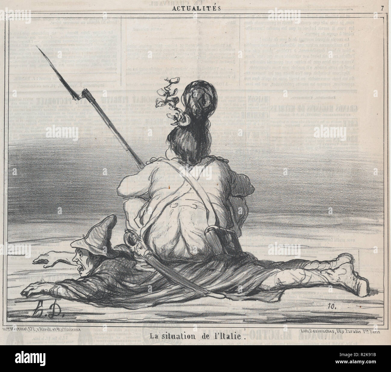 La situation de l'Italie, von CMS, in Le Charivari, 21. Februar 1859 veröffentlicht. Artist: Honoré Daumier (Französisch, Marseille 1808-1879 Valmondois). Abmessungen: Bild: 9 3/16 x 11 1/4 in. (23,3 × 28,6 cm) Blatt (gefaltet): 14 1/4 x 11 1/2 in. (36,2 × 29,2 cm). Drucker: destouches (Paris). Herausgeber: Aaron Martinet (Französisch, 1762-1841). Serie/Portfolio: Actualitès. Datum: Februar 21, 1859. Museum: Metropolitan Museum of Art, New York, USA. Stockfoto
