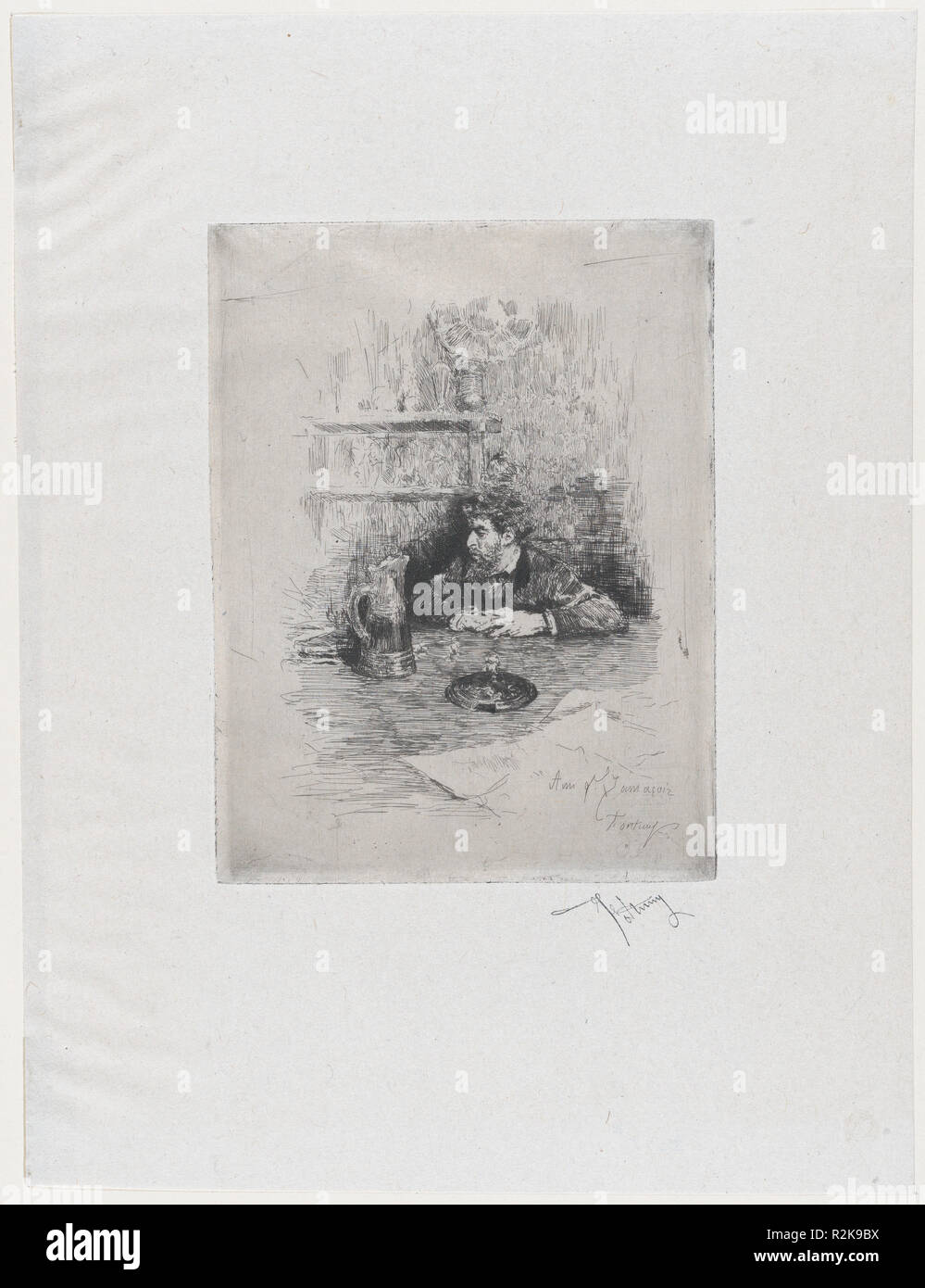 Porträt des Malers Eduardo Zamacois an einem Tisch sitzt. Artist: Mariano Fortuny, 1838-1874 (Spanisch, 1838-1874). Maße: Blatt: 19 1/16-in. X 14 in. (48,4 × 35,5 cm) Platte: 7 1/16 x 5 7/16 in. (18 × 13,8 cm). Datum: Ca. 1869. Eduardo Zamacois y Zabala (1841-1871) war ein Maler der Baskischen Abstammung, die nach der Ausbildung in Paris, Rom 1866 reiste und befreundete Fortuny. Die Inschrift auf diesem Print - "A mi q. Zamacois' (an meine lieben Zamacois) - spiegelt ihre Freundschaft. Anerkennung Fortuny's Talent als Grafiker, Zamacois führte ihn an den Verlag Adolphe Goupil in Paris. Gou Stockfoto