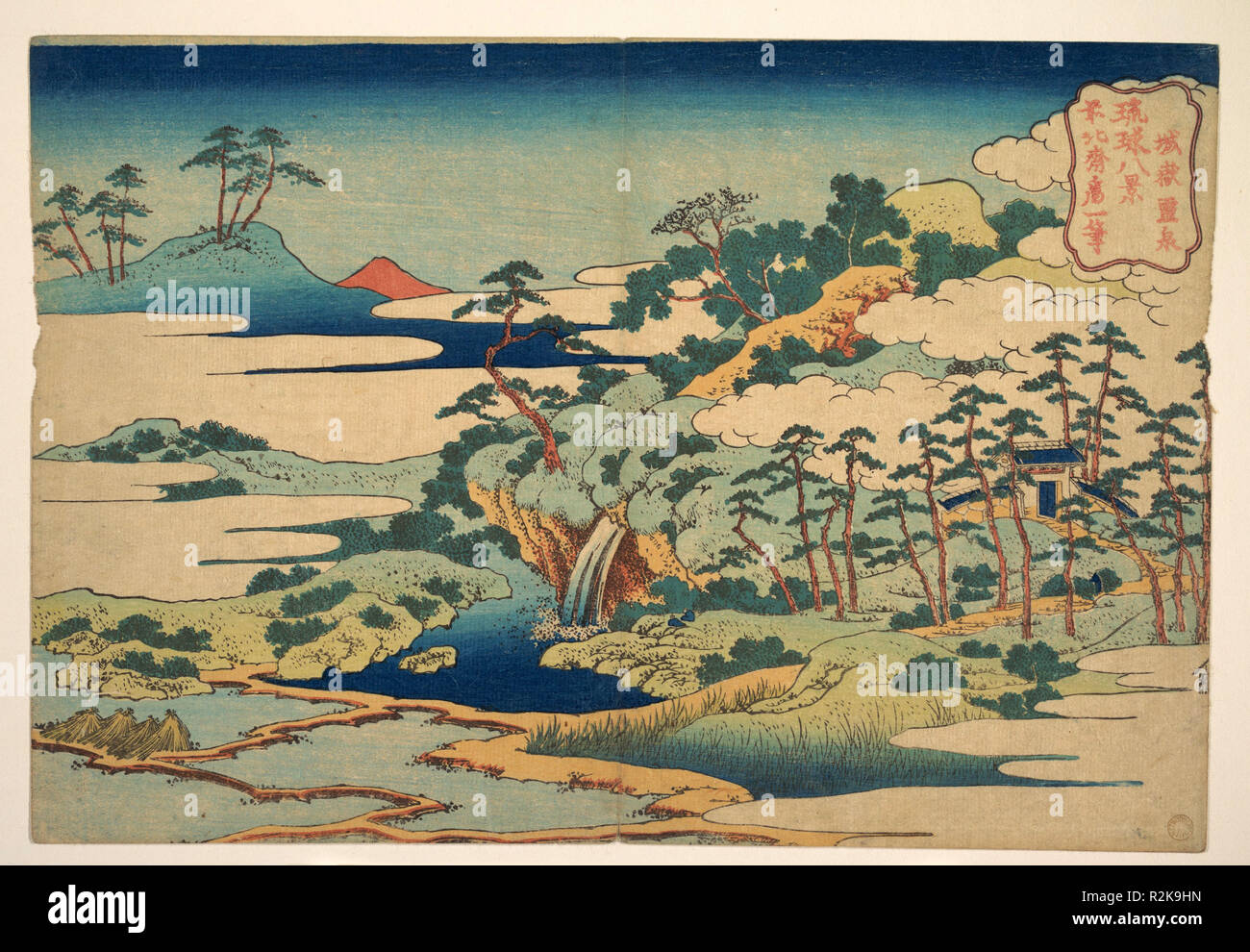 Die heilige Quelle auf jogaku Jogaku (Reisen), aus der serie Acht Ansichten der Ryukyu Inseln (Ryukyu hakkei). Künstler: Katsushika Hokusai (Japanisch, Tokyo (EDO) 1760-1849 Tokyo (EDO)). Kultur: Japan. Abmessungen: H.10 1/16 in. (25,6 cm); 14 5/8 in. (37,1 cm). Datum: 1832. Museum: Metropolitan Museum of Art, New York, USA. Stockfoto