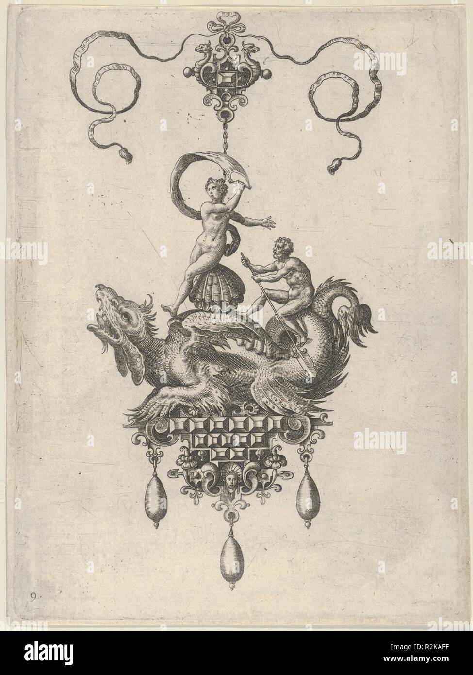 Design Anhänger mit einem geflügelten Seeungeheuer mit Venus Anadyomene auf einer Shell und ein Mann mit einem Ruder. Artist: Adriaen Collaert (Niederländischen, Antwerpen Ca. 1560-1618 Antwerpen); nach einem Entwurf von Jan collaert I (Niederländischen, Antwerpen Ca. 1530-1581 Antwerpen). Maße: Blatt: 6 15/16 x 5 3/16 in. (17,7 × 13,2 cm). Herausgeber: Philips Galle (Niederländischen, Haarlem 1537-1612 Antwerpen), in Antwerpen veröffentlicht. Serie/Portfolio: Designs für Anhänger II. Datum: 1582. Vertikale Panel mit einem Anhänger in der Form eines Seeungeheuer, Neptun, der auf einer Shell sitzt und hält ein Segel in ihrer Rechten han Stockfoto