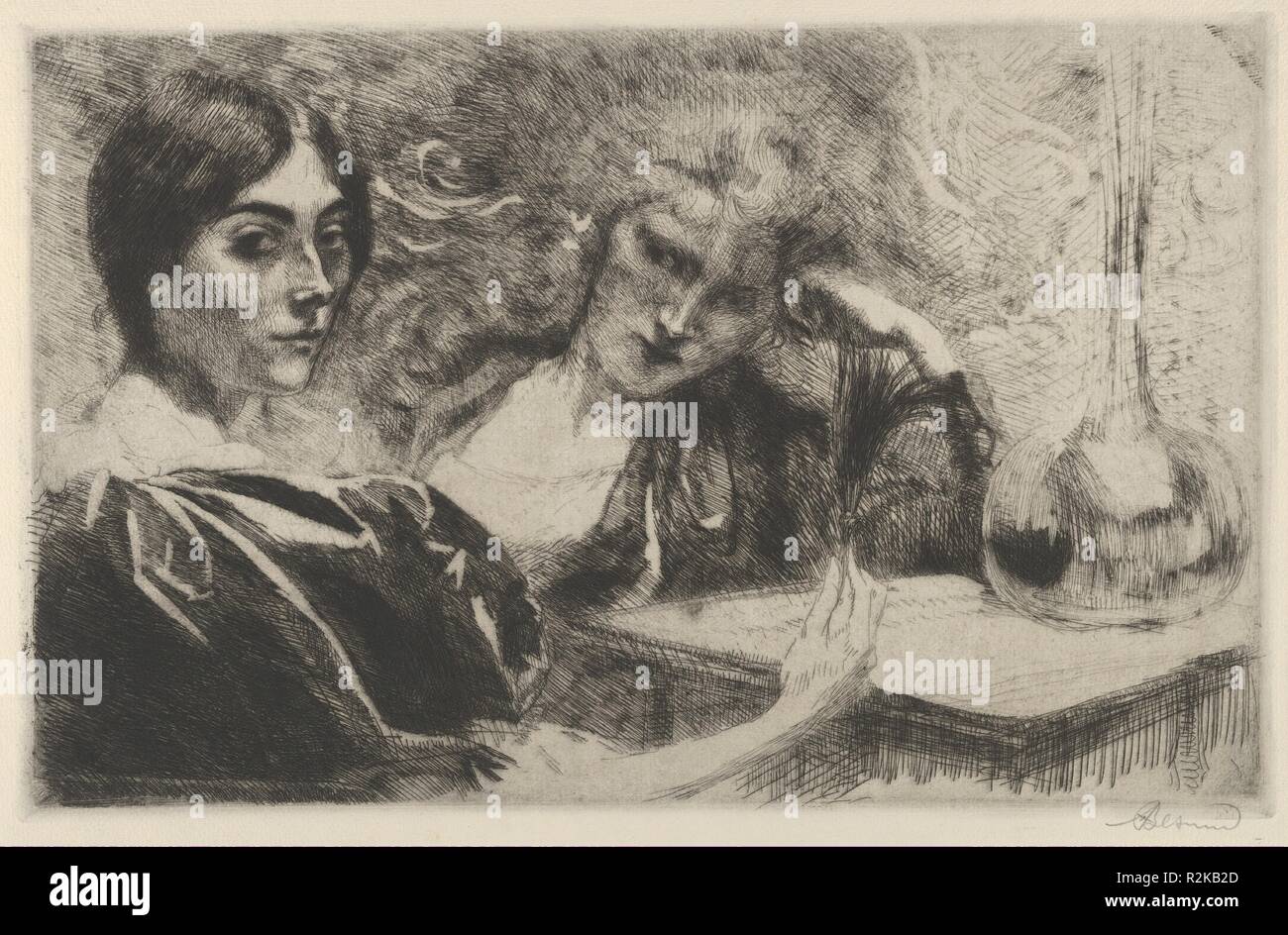 Morphin Süchtige. Artist: paul-albert Besnard (Französisch, Paris 1849-1934 Paris). Abmessungen: Bild: 9 5/16 x 14 9/16 in. (23,7 × 37 cm). Datum: 1887. Paul-Albert Besnard (1849-1934) war ein Schüler des akademischen Malers Alexandre Cabanel (1823-1889), gewann den Prix de Rome 1874 und gehörte zu den Gründern der Société Nationale im Jahre 1890. Während seiner Karriere seinen Stil in zwischen akademischen und impressionistische geblieben. Während der letzten 30 Jahre seines Lebens hat er wichtige Positionen in der Académie de France in Rom, der Ecole des Beaux-Arts, die Académie Française, die Académie de Saint Luc gehalten Stockfoto