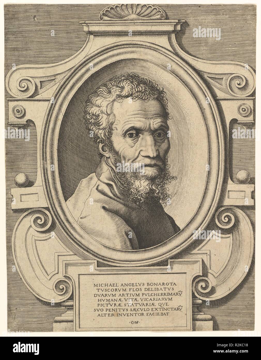 Portrait von Michelangelo. Artist: Gravur von Giorgio Ghisi (Italienisch, Mantua Ca. 1520-1582 Mantua); Nach dem Lackieren von Marcello Venusti (Italienisch, Mazzo di Valtellina (Sondrio) Ca. 1512-1579 Rom). Maße: Blatt: 10 3/16 x 7 11/16 in. (25,9 x 19,6 cm) GRENZW/Blatt. Datum: nach 1564. Museum: Metropolitan Museum of Art, New York, USA. Stockfoto