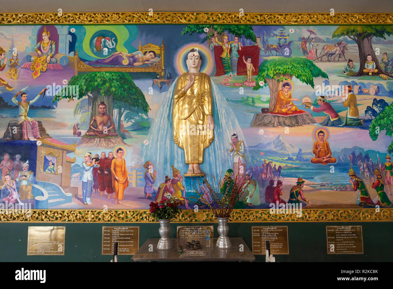 Chaukhtatgyi Paya, Gemälde, die das Leben des Buddha, Yangon, Myanmar, Asien erzählen Stockfoto