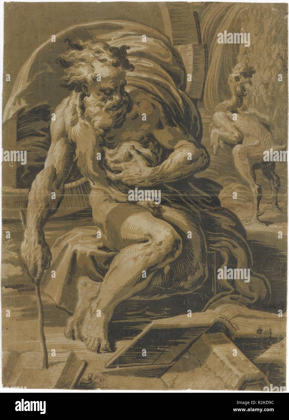 Diogenes, vor seinem Gehäuse sitzt, lesen aus einem Buch, ein gerupftes Huhn hinter ihm auf der rechten Seite steht. Artist: Nach Parmigianino (Bernart) (Italienisch, Parma 1503-1540 Casalmaggiore); Ugo da Carpi (Italienisch, Carpi Ca. 1480-1532 Bologna). Abmessungen: Bild: 18 11/16 x 13 5/8 in. (47,5 x 34,6 cm): 28 x 22 in. (71,1 x 55,9 cm). Datum: 1520-30. Ugo da Carpi war der erste italienische Künstler zu experimentieren mit einem multiblock Holzschnitt Technik bekannt als Hell-dunkel. Diese Methode erfordert einen anderen Baustein für jeden Schatten, und die Blöcke werden eingefärbt und eine über der anderen gedruckt zu erstellen Stockfoto