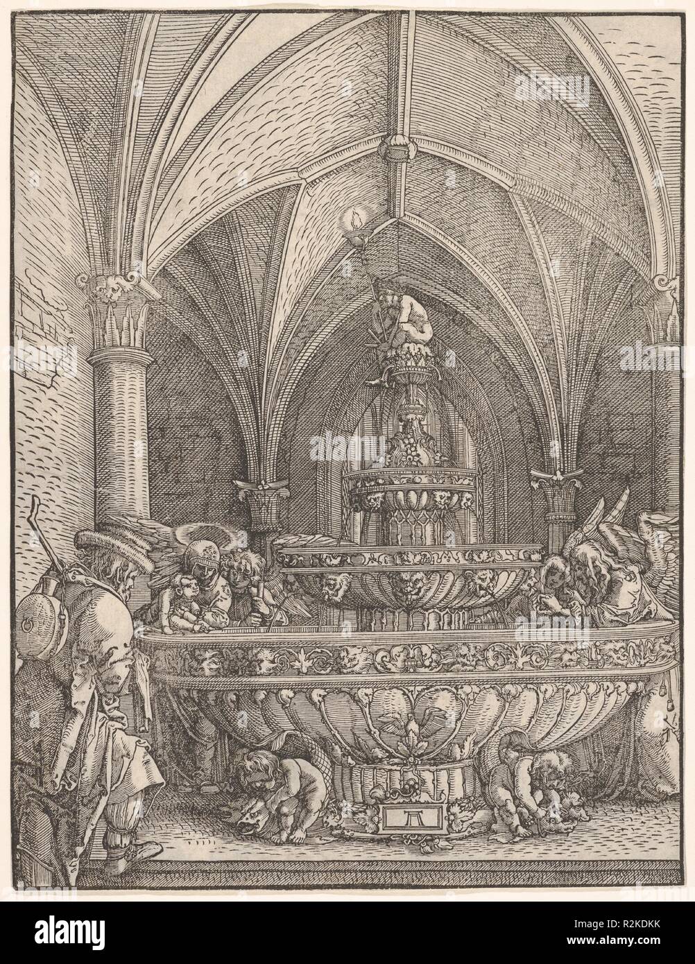 Heilige Familie an einem Brunnen. Künstler: Albrecht Altdorfer (Deutsch, Regensburg Ca. 1480-1538 Regensburg). Maße: Blatt: 9 1/16 x 6 15/16 in. (23 × 17,7 cm). Museum: Metropolitan Museum of Art, New York, USA. Stockfoto