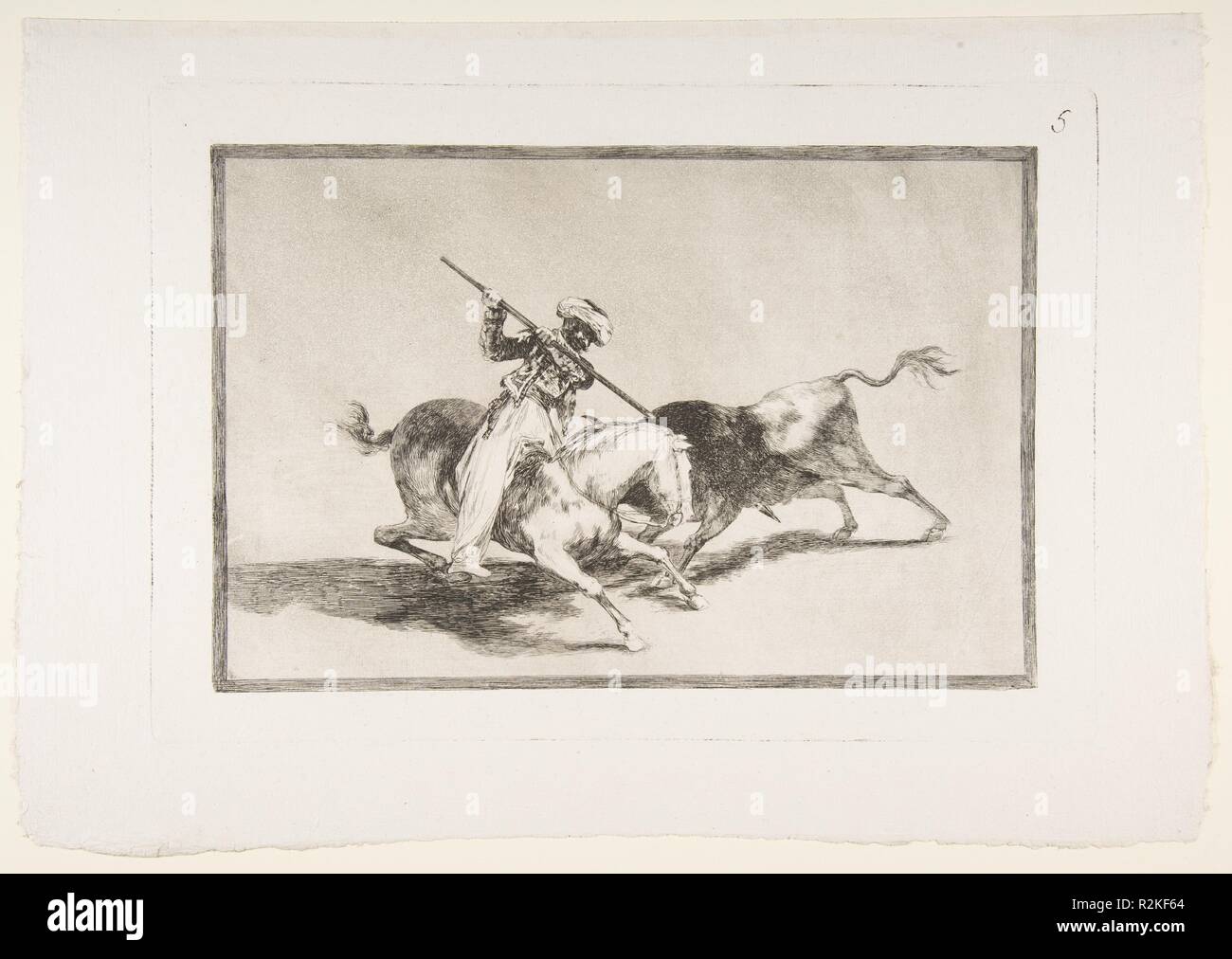 Platte 5 von der "Tauromaquia': Der temperamentvolle Moor Gazul ist der erste Stiere zu nach den Regeln Speer. Artist: Goya (Francisco de Goya y Lucientes) (Spanisch, Fuendetodos 1746-1828 Bordeaux). Abmessungen: Platte: 9 3/4 x 13 7/8 in. (24,7 x 35,2 cm) Blatt: 12 3/16 x 17 1/2 in. (31 × 44,5 cm). Datum: 1816. Museum: Metropolitan Museum of Art, New York, USA. Stockfoto