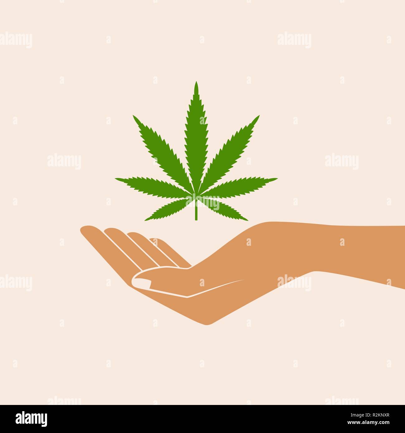 Hand, die Marihuana Blatt. Medizinisches Konzept. Cannabis Legalisierung. Symbol Produkt Label und Logo grafische Vorlage. Isolierte Vector Illustration. Stock Vektor