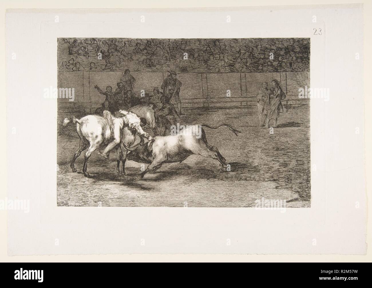 Platte 23 aus der "Tauromaquia': Mariano Fernandez, alias die Indischen, tötet den Bullen von seinem Pferd. Artist: Goya (Francisco de Goya y Lucientes) (Spanisch, Fuendetodos 1746-1828 Bordeaux). Abmessungen: Platte: 9 13/16 x 13 7/8 in. (25 × 35,2 cm) Blatt: 12 3/16 x 17 3/8 in. (30,9 × 44,2 cm). Datum: 1816. Museum: Metropolitan Museum of Art, New York, USA. Stockfoto