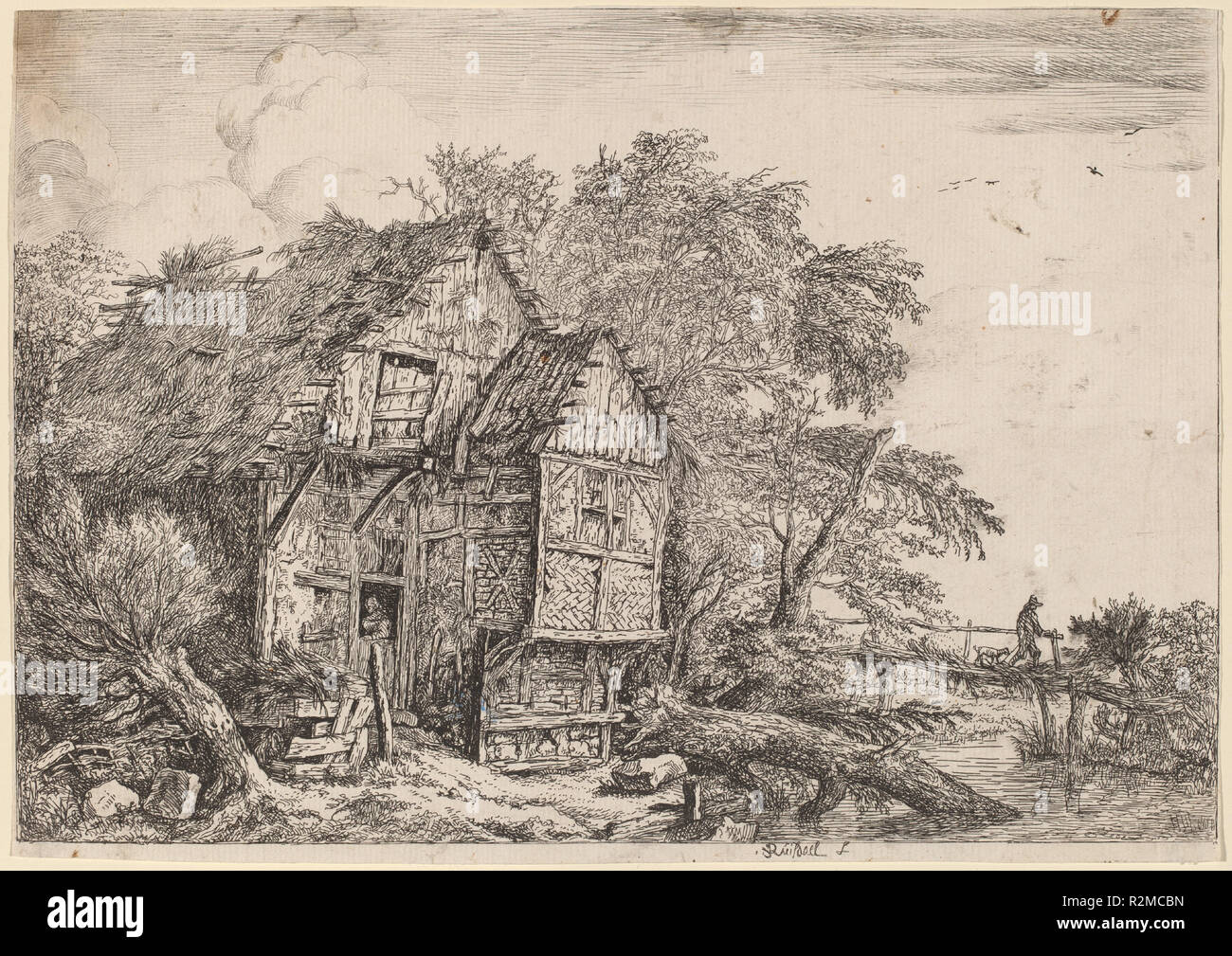 Die kleine Brücke. Vom: C. 1652. Medium: Radierung auf Bütten. Museum: Nationalgalerie, Washington DC. Autor: Jacob van Ruisdael. Stockfoto