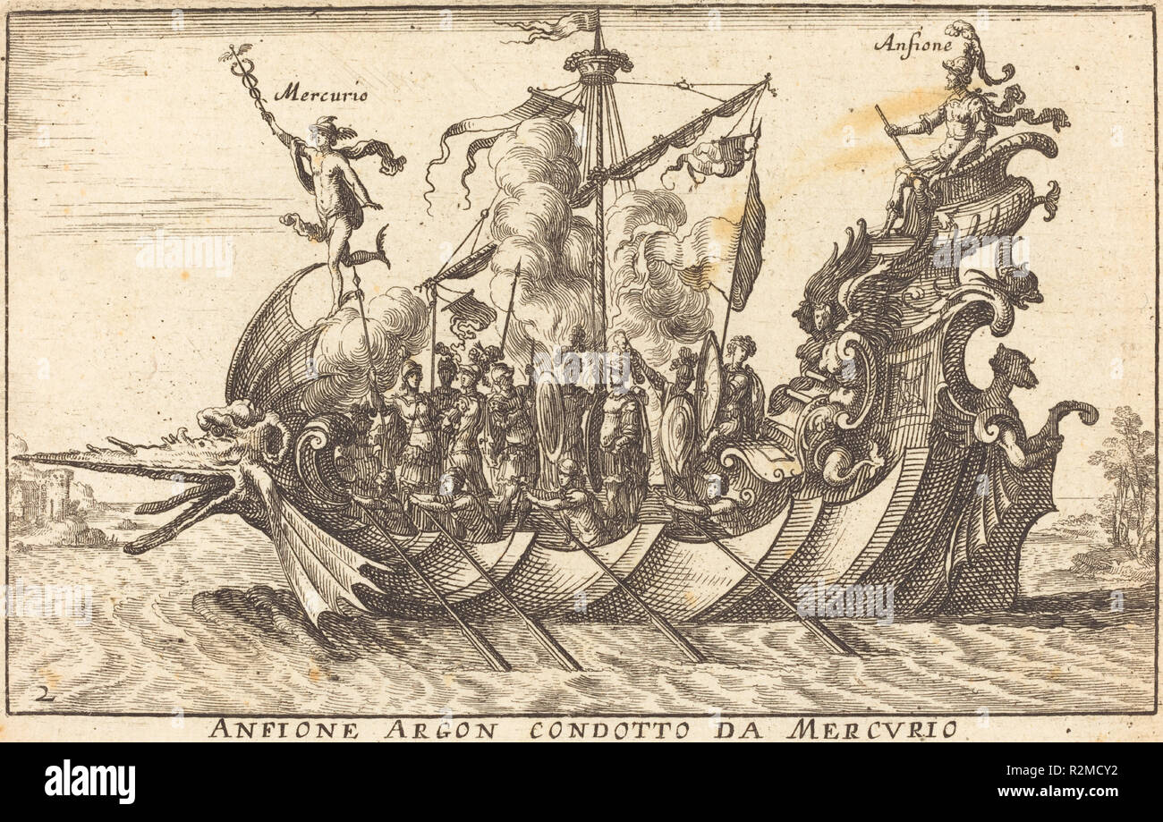 Anfione Argon condotto da Mercurio. Abmessungen: Platte: 8,9 x 13,4 cm (3 1/2 x 5 1/4 in.) Blatt: 9,1 x 13,6 cm (3 9/16 x 5 3/8 in.). Medium: Radierung auf Bütten. Museum: Nationalgalerie, Washington DC. Thema: Balthasar Moncornet nach Remigio Cantagallina. Nach Remigio Cantagallina. Stockfoto