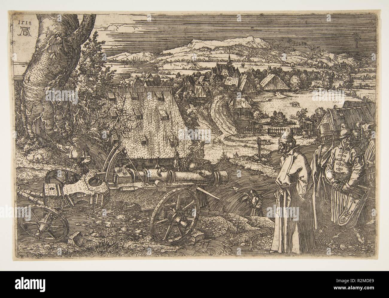 Landschaft mit einer Kanone. Künstler: Albrecht Dürer (Deutsch, Nürnberg 1471-1528 Nürnberg). Maße: Blatt: 8 3/4 x 12 15/16 in. (22,2 × 32,8 cm). Datum: 1518. Museum: Metropolitan Museum of Art, New York, USA. Stockfoto