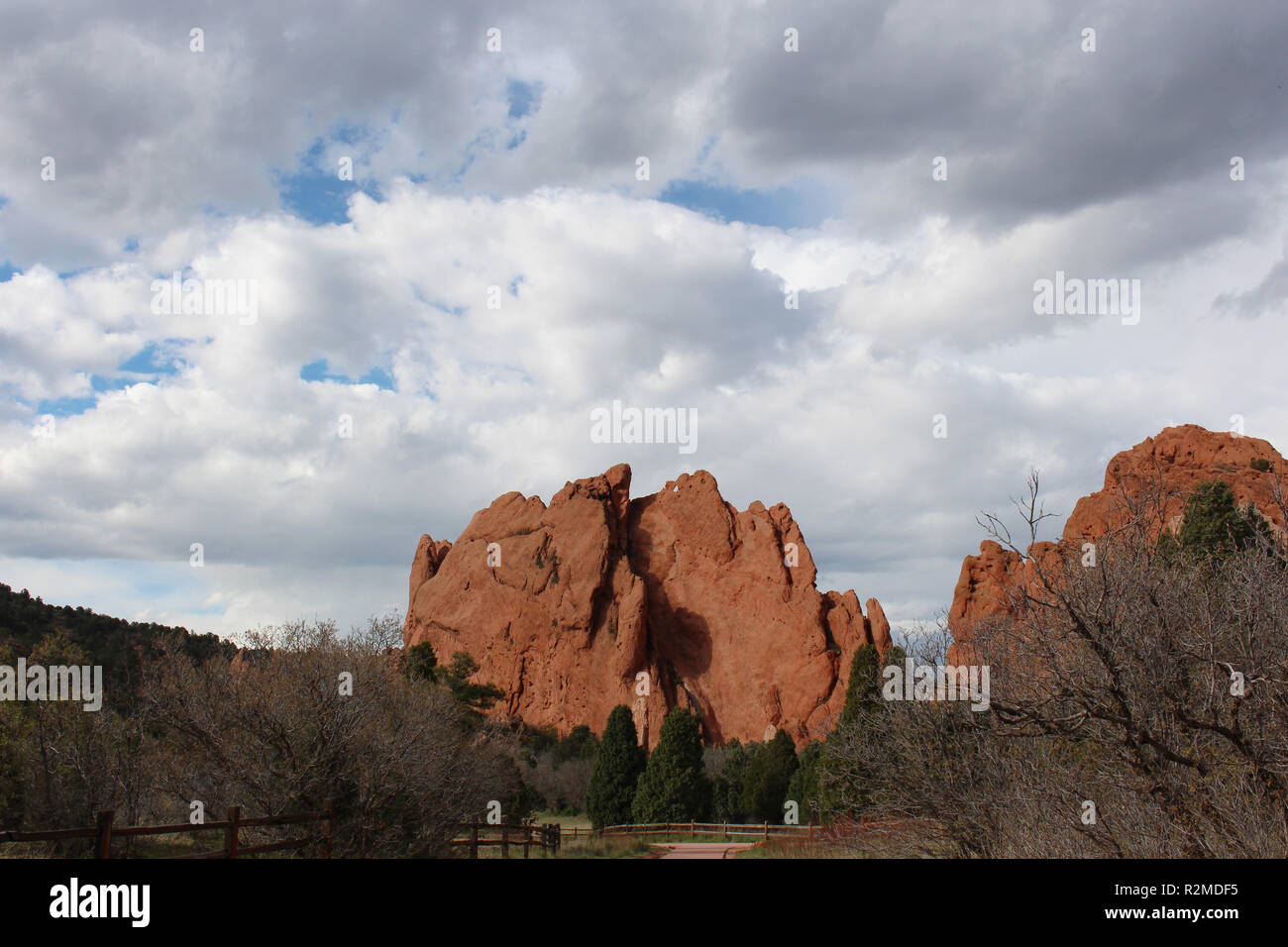Eine Spur führt zu Red Rock Formationen, die sich hinter Pinien an der Garten der Götter in Colorado Springs, Colorado, USA, bei bewölktem Himmel Stockfoto