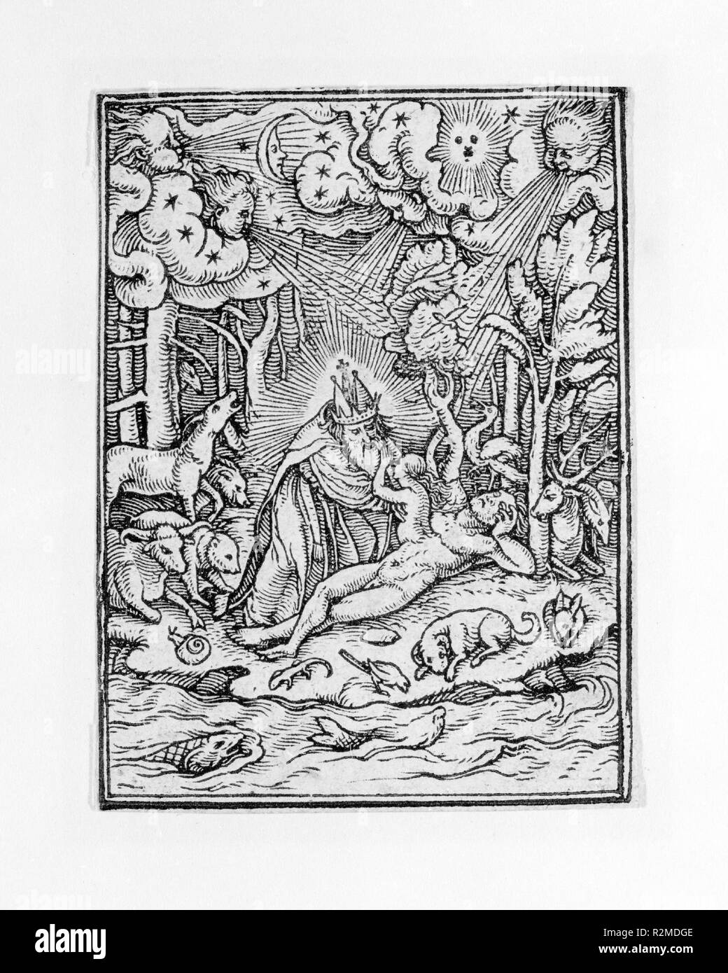 Schaffung von Eva, aus der Tanz des Todes. Artist: von Hans Holbein der Jüngere (Deutsch, Augsburg 1497/98-1543 London). Maße: Blatt: 2 5/8 x 1 15/16 in. (6,6 x 4,9 cm). Grafiker: Hans Lützelburger (Deutsch, gestorben Basel, vor 1526). Datum: Ca. 1526, veröffentlicht 1538. Museum: Metropolitan Museum of Art, New York, USA. Stockfoto