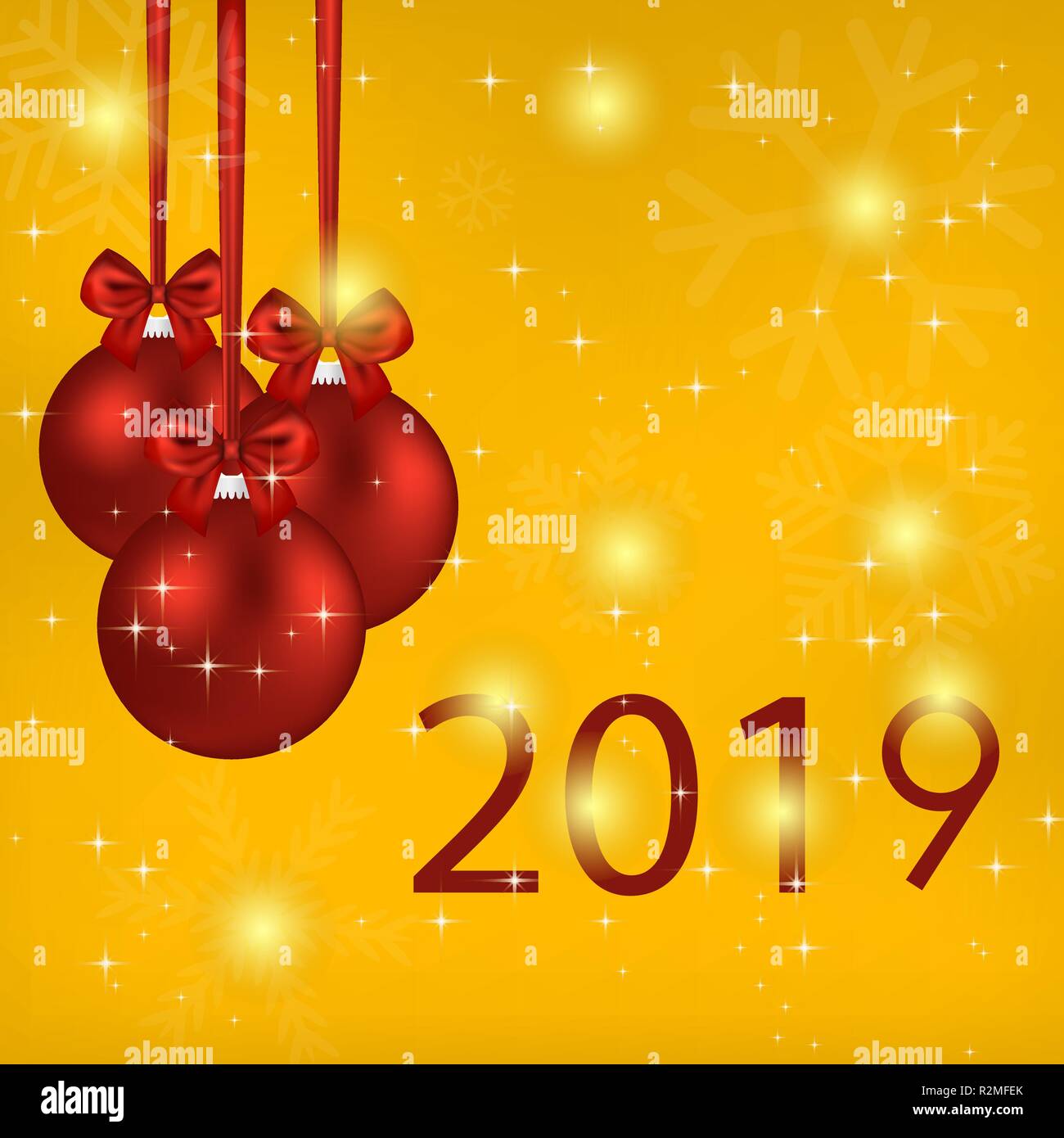 2019 Jahr Karte mit roten Kugeln und Bögen Stock Vektor
