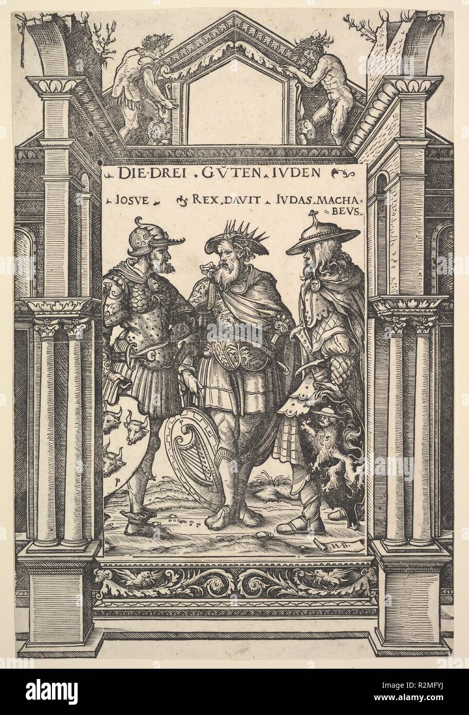 Die drei jüdischen Helden (Die Drei Guten Quarter), von Helden und Heldinnen. Künstler: Hans Burgkmair (Deutsch, Augsburg 1473-1531 Augsburg); Grenze von Hans Weiditz der Jüngere (Deutsch, Freiburg im Breisgau, bevor 1500 - Ca. 1536 Straßburg). Maße: Blatt: 12 5/8 x 8 7/16 in. (32 × 21,5 cm). Serie/Portfolio: Helden und Heldinnen. Datum: 1516. Stehend, von Links nach Rechts, Joshua, König David, und Judas Makkabäus, jede voll gepanzert und durch ihre Wappen begleitet. Die architektonischen Grenze wurde von Weiditz hinzugefügt und nicht in der ersten staatlichen erscheinen. Aus einer Reihe von sechs Holzschnitten mit je Stockfoto