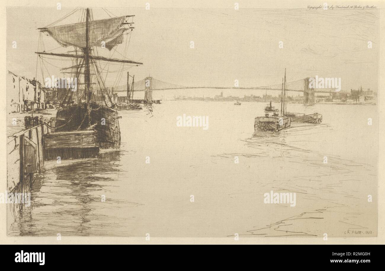 Der East River aus Brooklyn. Künstler: Charles Adams Platt (American, New York 1861-1933). Abmessungen: Bild: 6 11/16 x10 13/16-in. (17 x 27,4 cm) Platte: 9 1/16 x 12 13/16-in. (23 x 32,5 cm) Blatt: 12 1/2 x 17 3/8 in. (31,8 x 44,2 cm). Herausgeber: Frederick Stokes & Bruder (New York, NY). Datum: 1888. Museum: Metropolitan Museum of Art, New York, USA. Autor: Charles Adams Platt. Charles Platt A. Stockfoto