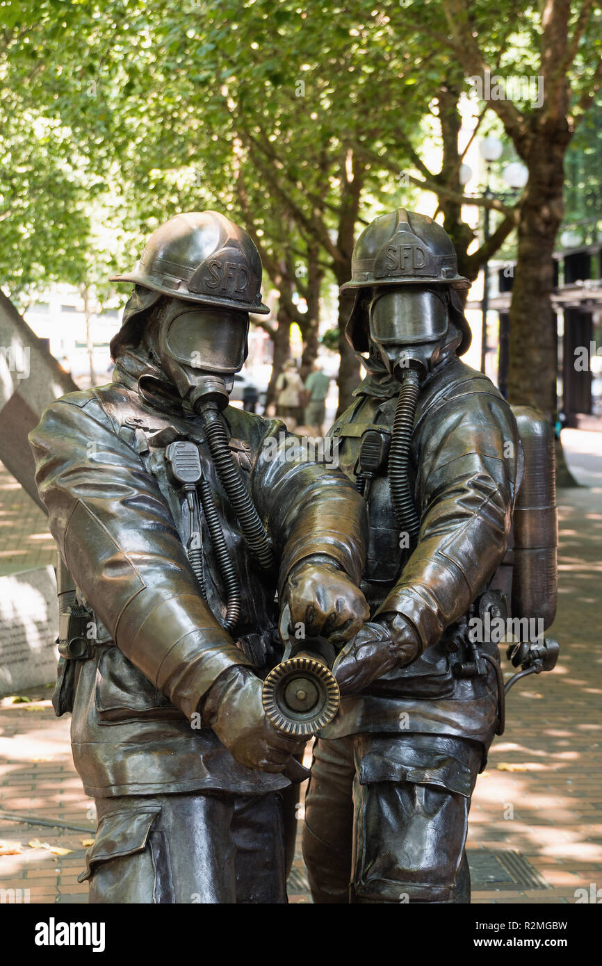 Seattle, Pioneer Square, Denkmal für Brand in 1889 Stockfoto