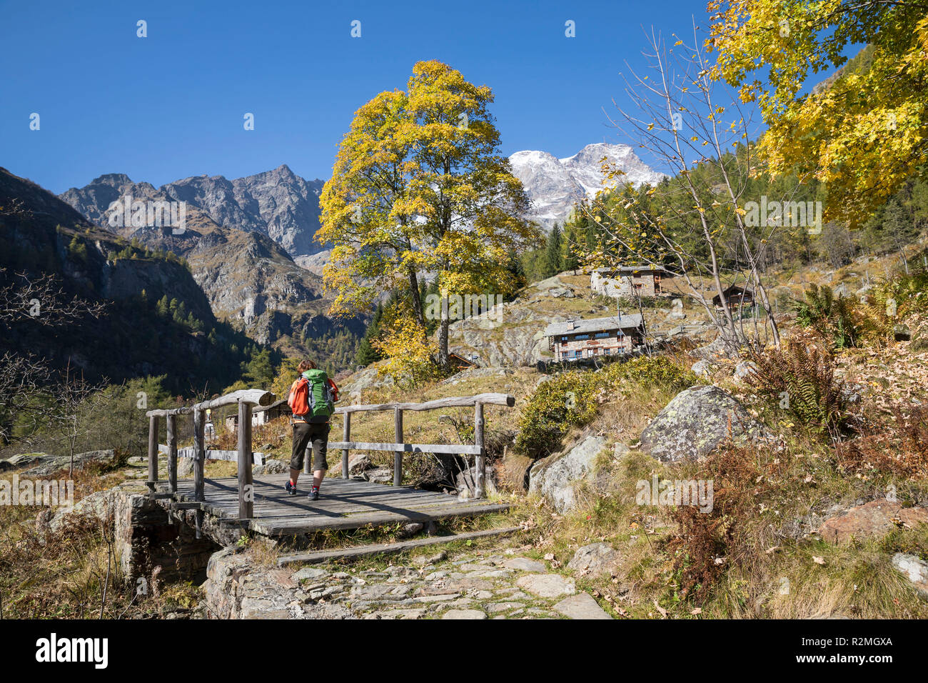 Wanderer, die über eine hölzerne Brücke zum Visitor Center auf der Alpe Fum Bitz, Alta Valsesia Natur Park, hinter dem Monte Rosa Massiv, Tal Dorf: Alagna Valsesia, Alpes Valsesia, Vercelli Provinz, Piemont, Italien Stockfoto