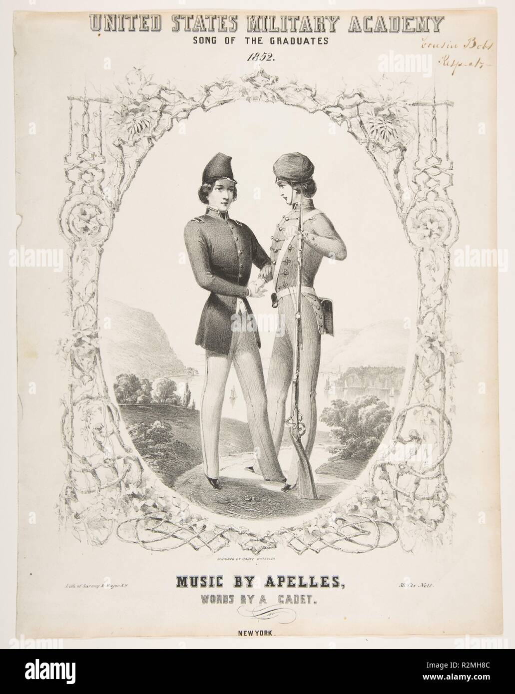 United States Military Academy: Song der Absolventen. Artist: Nachdem James McNeill Whistler (Amerikanische, Lowell, Massachusetts 1834-1903 London). Maße: Blatt: 13 1/16 x 10 1/16-in. (33,2 x 25,6 cm). Lithograph: Sarony & Major (New York, NY). Datum: 1852. Museum: Metropolitan Museum of Art, New York, USA. Thema: Nach James McNeill Whistler. Napoléon Sarony, nachdem James McNeill Whistler. Stockfoto