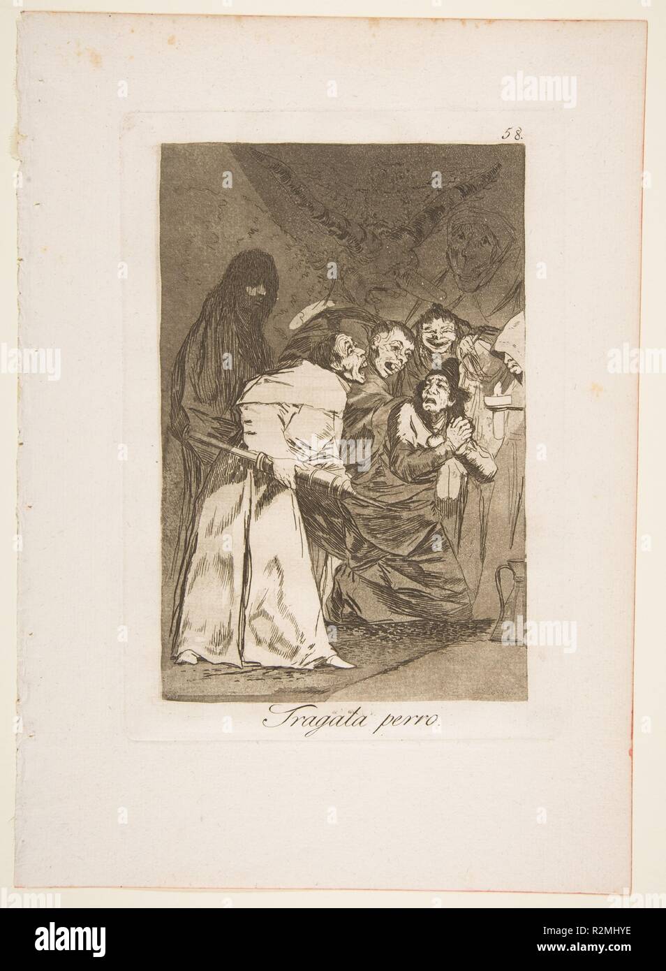 Platte 58 von 'Los Caprichos': Es Schlucken, Hund (Tragala perro.). Artist: Goya (Francisco de Goya y Lucientes) (Spanisch, Fuendetodos 1746-1828 Bordeaux). Abmessungen: Platte: 8 7/16 x 5 15/16 in. (21,5 × 15,1 cm) Blatt: 11 5/8 x 8 1/4 in. (29,5 x 20,9 cm). Serie/Portfolio: Los Caprichos. Datum: 1799. Museum: Metropolitan Museum of Art, New York, USA. Stockfoto