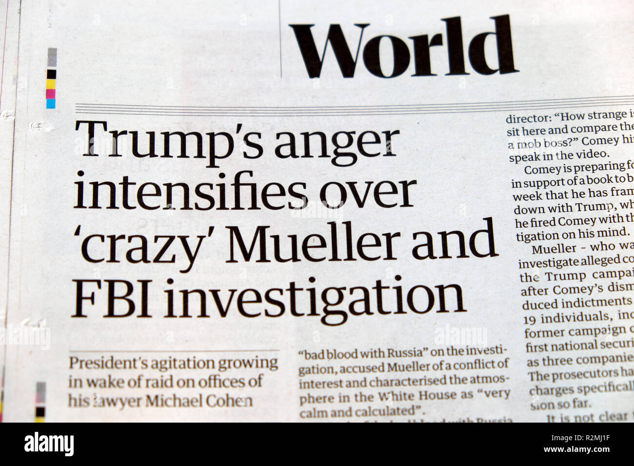 "Der Zorn des Trump verstärkt über "crazy" Müller und FBI-Untersuchung' Guardian Schlagzeile Artikel in London, UK, 12. April 2018 Stockfoto