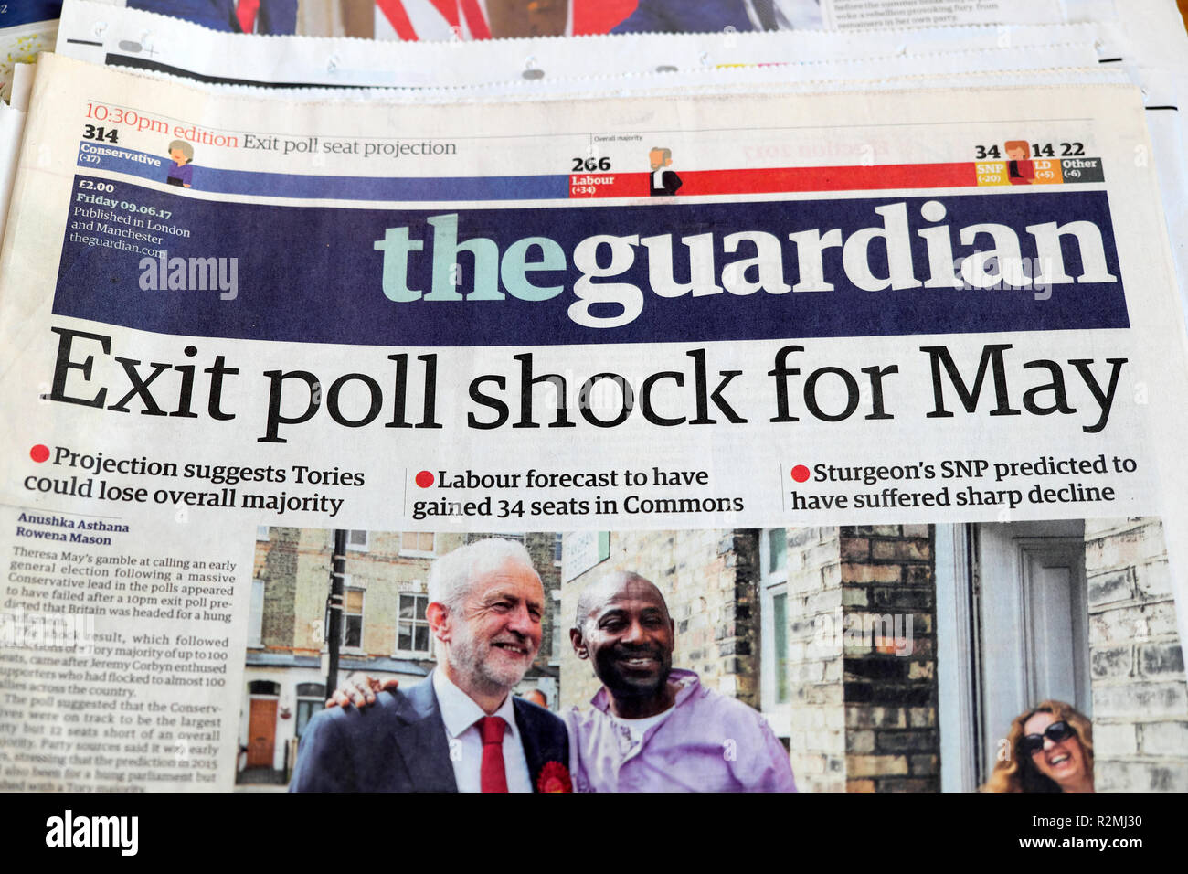 "Poll schock Ausfahrt Mai 'The Guardian Startseite Schlagzeilen London England UK vom 9. Juni 2017 Stockfoto