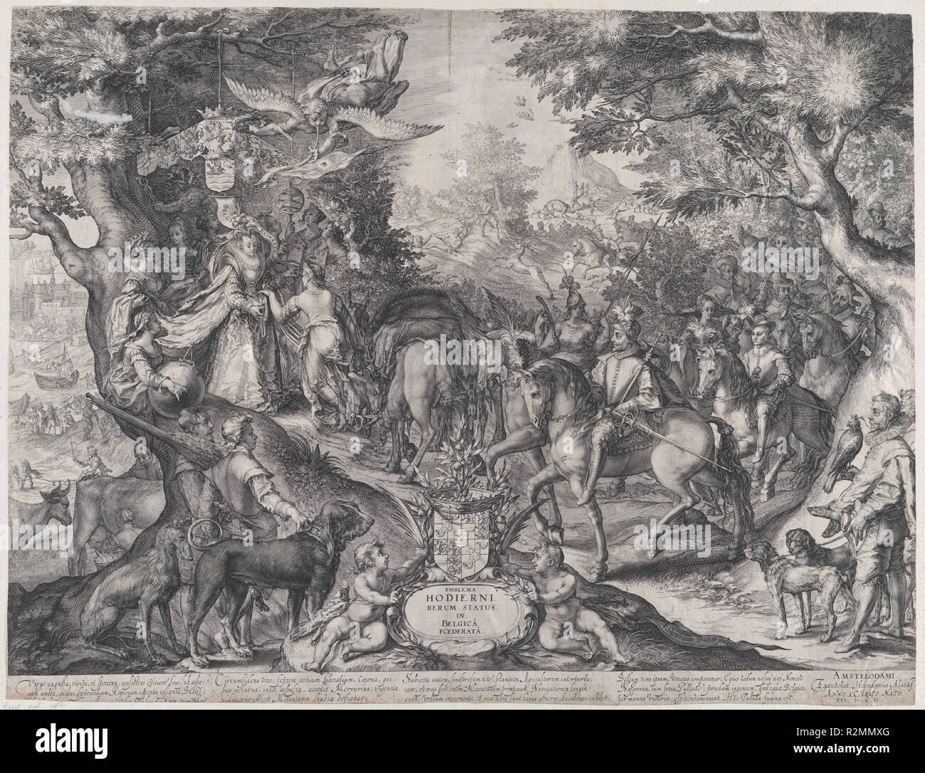 Allegorie der Triumph der Niederlande über Spanien. Artist: Jan (Pietersz.) Saenredam (Niederländischen, Zaandam 1565-1607 Assendelft). Maße: Blatt: 16 11/16 x 19 7/8 in. (42,4 × 50,5 cm). Datum: 1600. Dieses drucken verherrlicht den Sieg der niederländischen Republik in der Schlacht von Nieuwpoort in 1600. Obwohl dieser Erfolg nicht ein Wendepunkt im Krieg der Republik mit Spanien Markierung, die Veranstaltung war freudig zu der Zeit in Drucke gefeiert. In Saenredam der Stich, einem Triumphwagen, durch die allegorischen Figuren der Klugheit und Sieg und von Concord und Wachsamkeit zog angetrieben, trägt die Niederländische l Stockfoto