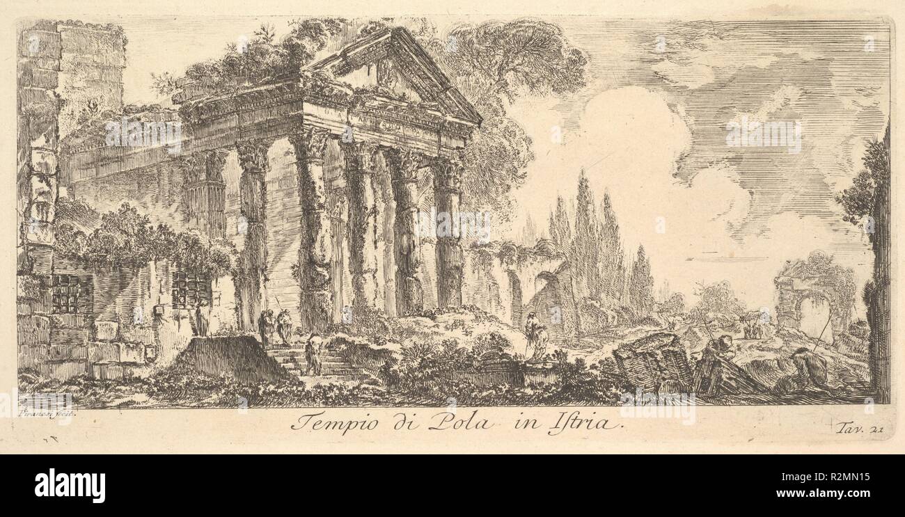 Platte21: Tempel von Pola in Istrien (Tempio di Pola in Istrien). Artist: Giovanni Battista Piranesi (Italienisch, Mogliano Veneto Rom 1720-1778). Abmessungen: Platte: 4 13/16 x 10 1/8 in. (12,3 × 25,7 cm) Blatt: 12 13/16 x 18 7/8 in. (32,5 × 47,9 cm). Serie/Portfolio: Alcune Vedute di Archi Trionfali ed Altri monumenti inalzati da Romani parte di Quali se veggono in Roma e-parte per l'Italia (einige Aussicht auf Triumphbögen und andere Denkmäler durch die Römer, von denen einige in Rom errichtet und einige anderswo in Italien). Datum: Ca. 1748. Museum: Metropolitan Museum of Art, New York, USA. Stockfoto