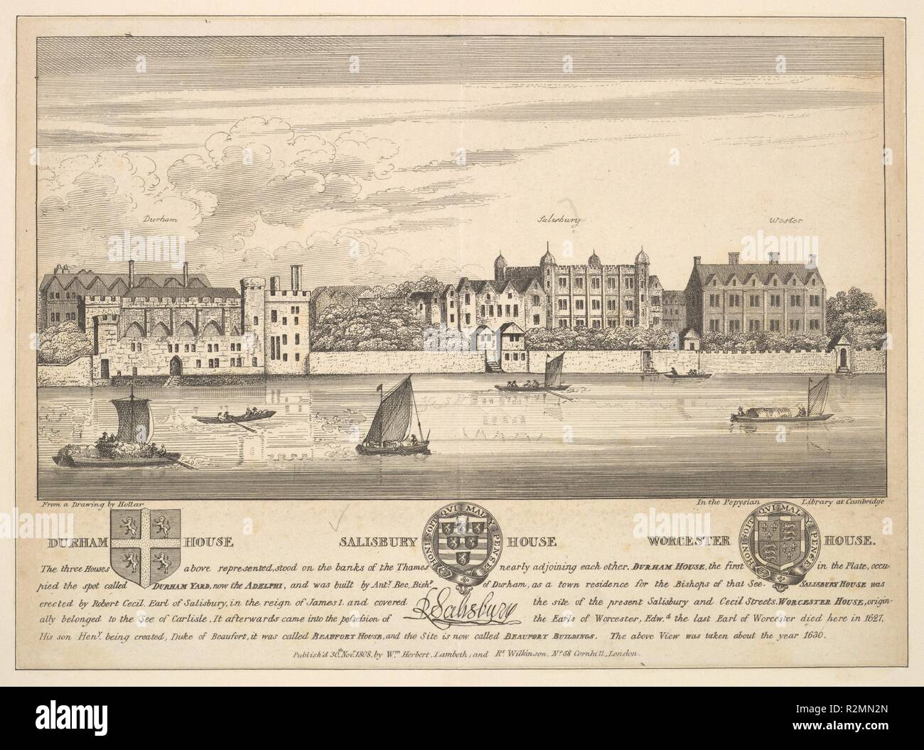 Durham House, Salisbury House und Worcester House auf der Themse. Artist: Nach Wenzel Hollar (Böhmische, Prag 1607-1677 London). Maße: Blatt: 6 3/4 x 9 1/4 in. (17,1 x 23,5 cm) außerhalb der Bild und Text, aber innerhalb der Plattenkante geschnitten.. Serie/Portfolio: Londina Illustrata. Datum: 1808. Kopie nach einer Zeichnung von Hollar. Blick von der Themse, mit Durham Haus auf der linken Seite, Salisbury House im Zentrum und Worcester Haus auf der rechten Seite; Reflexionen auf dem Wasser und einige kleine Boote; der Blick, wie es um 1630. Museum: Metropolitan Museum of Art, New York, USA. Thema: Nach Wen Stockfoto