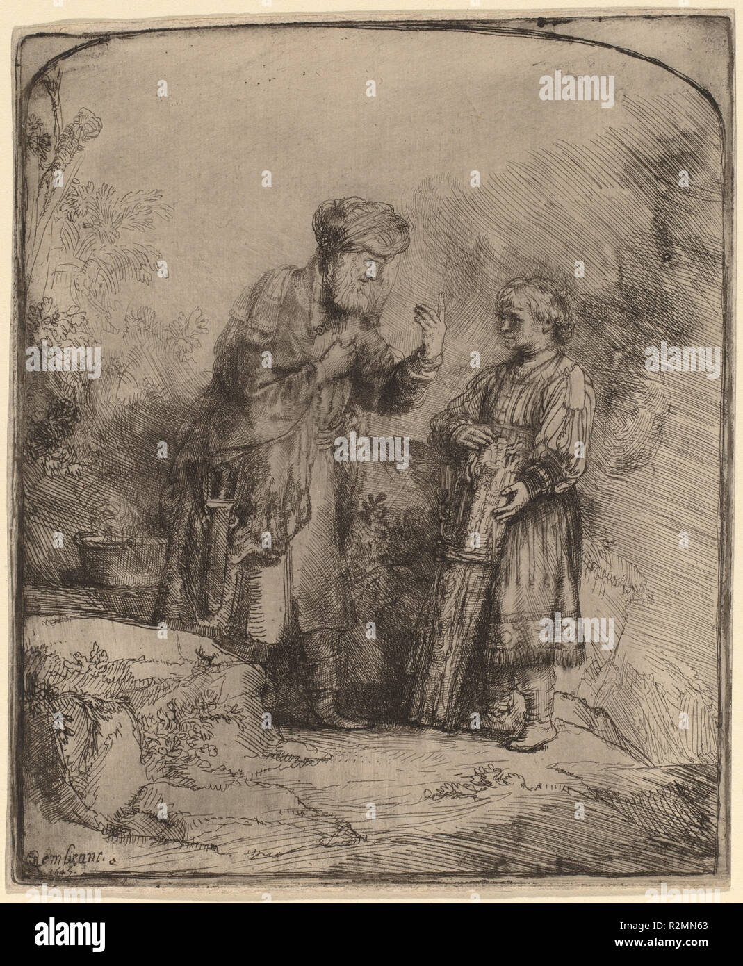 Abraham und Isaak. Stand: 1645. Abmessungen: Blatt (an der Platte mark getrimmt): 16,1 x 13,3 cm (6 5/16 x 5 1/4 in.). Medium: Radierung und Burin. Museum: Nationalgalerie, Washington DC. Thema: Rembrandt, HARMENSZOON VAN RIJN. REMBRANDT HARMENSZOON VAN RIJN. Stockfoto