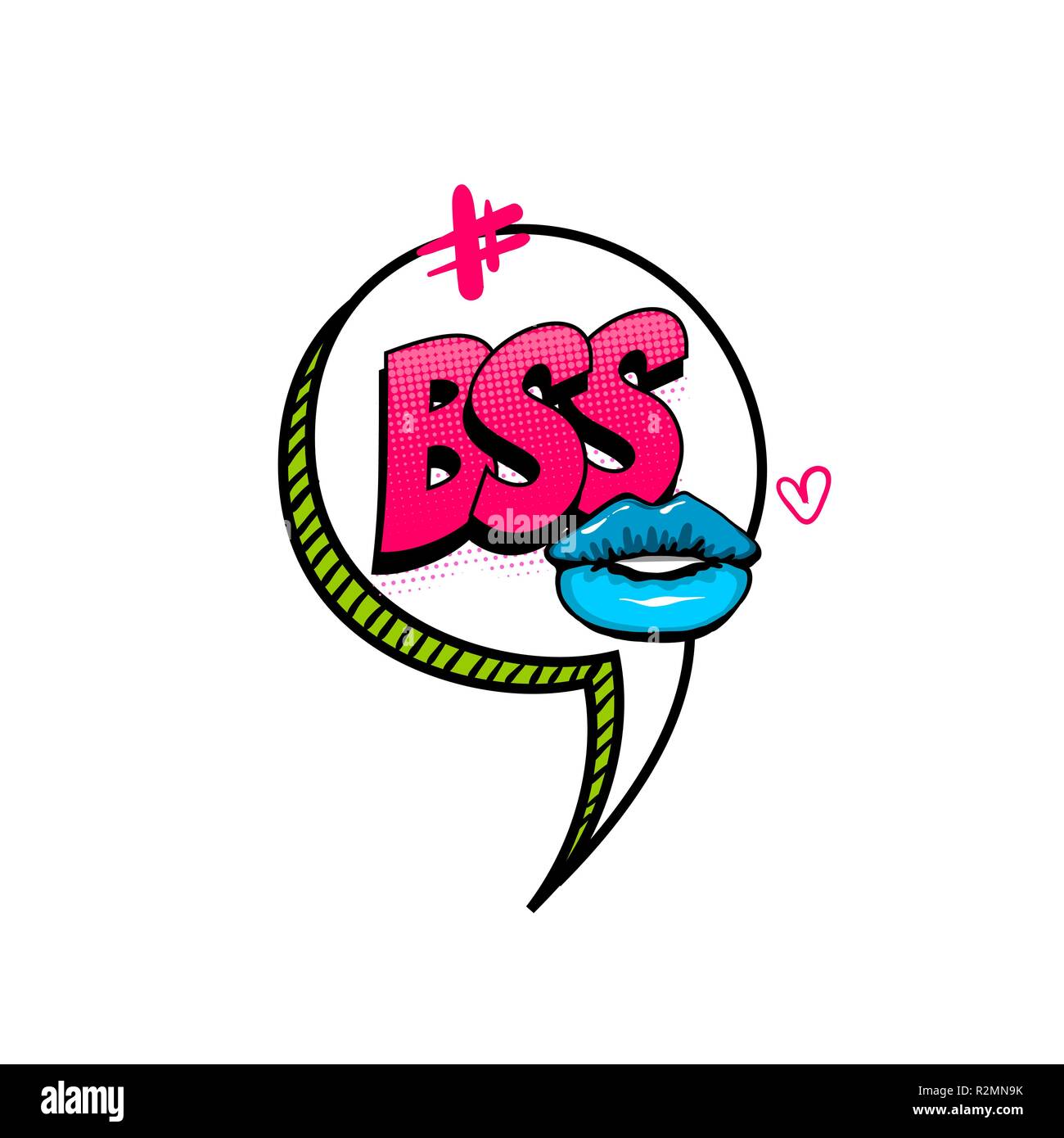 BSS-Kuss, Lippen hashtag spanische Sprache komische text Sound Effekte Art style Pop. Vektor Sprechblase Wort kurze Phrase cartoon Ausdruck illustrati Stock Vektor