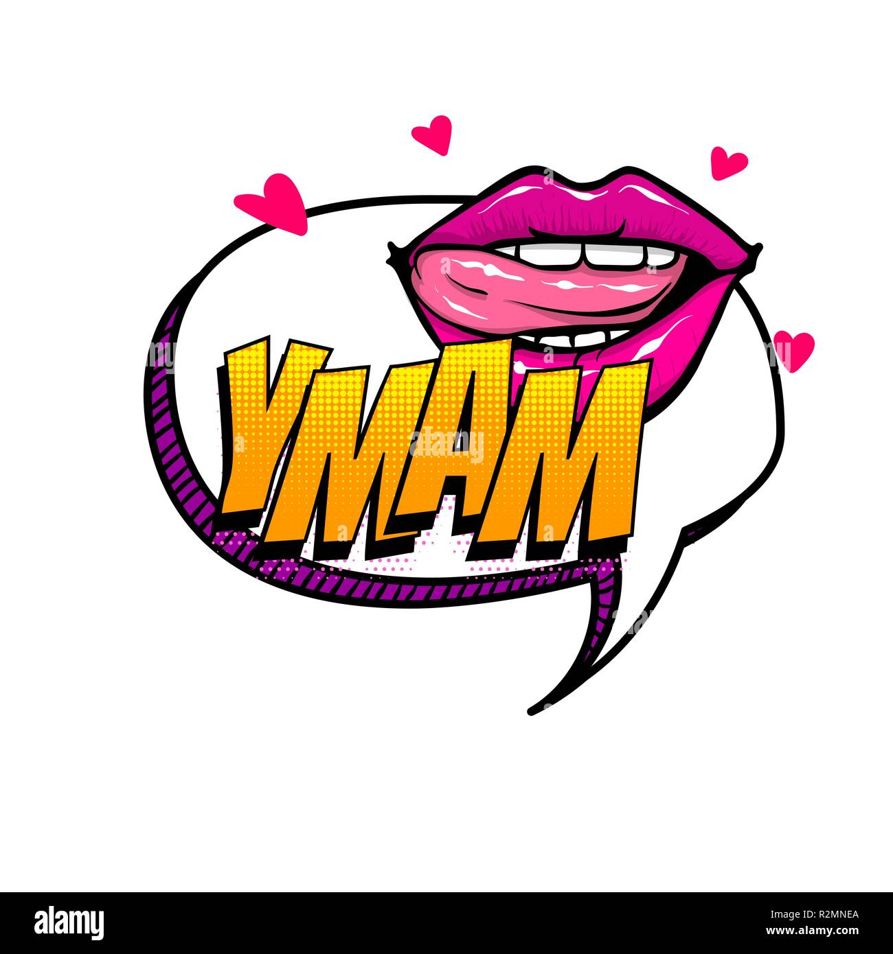 YMAM - rufen Sie mich an Lippen spanische Sprache komische text Sound Effekte Art style Pop. Vektor Sprechblase Wort kurze Phrase cartoon Ausdruck Abbildung. C Stock Vektor