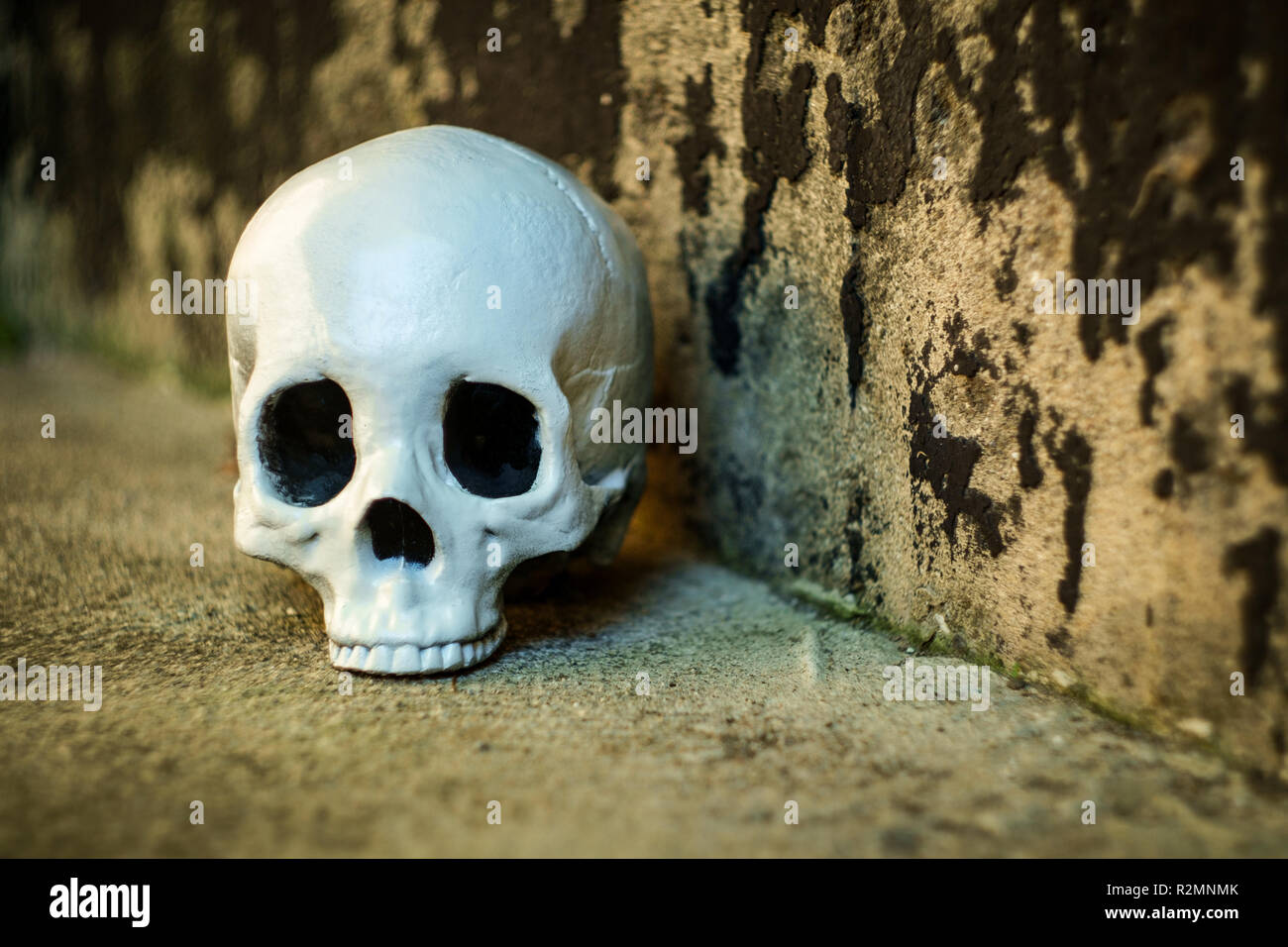 Scary Halloween Totenkopf jawless mit strukturierter Straße Hintergrund Stockfoto